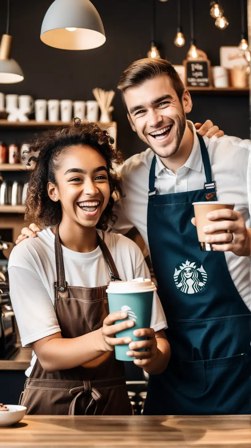 A kind barista surprises a regular customer with a free drink, their faces beaming with genuine smiles and warmth, The customer looks surprised and delighted, holding the beverage with gratitude