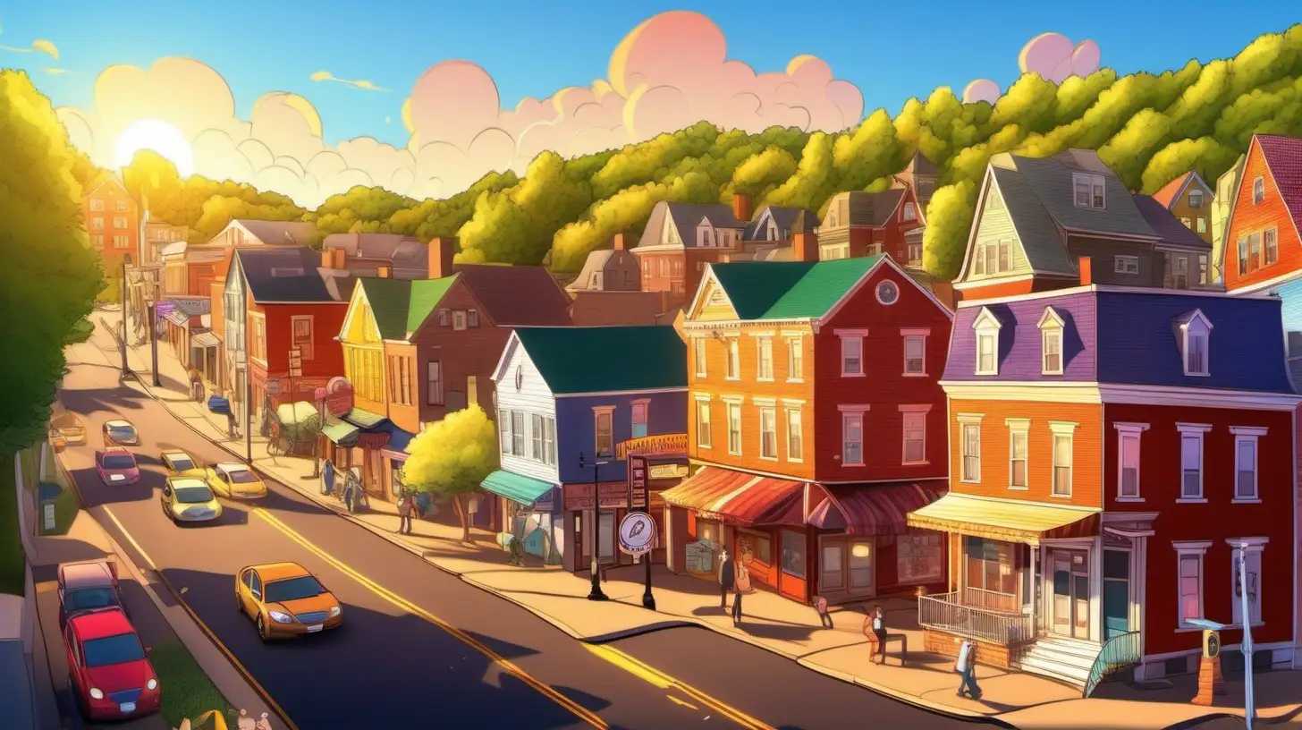 In  cartoon style, an image of a beautiful small town, similar to  Charlottesville, Virginia, with a lot of warm sunlight with vivid colors and lively details, ultra hd, vivid colors, highly detailed,  perfect light