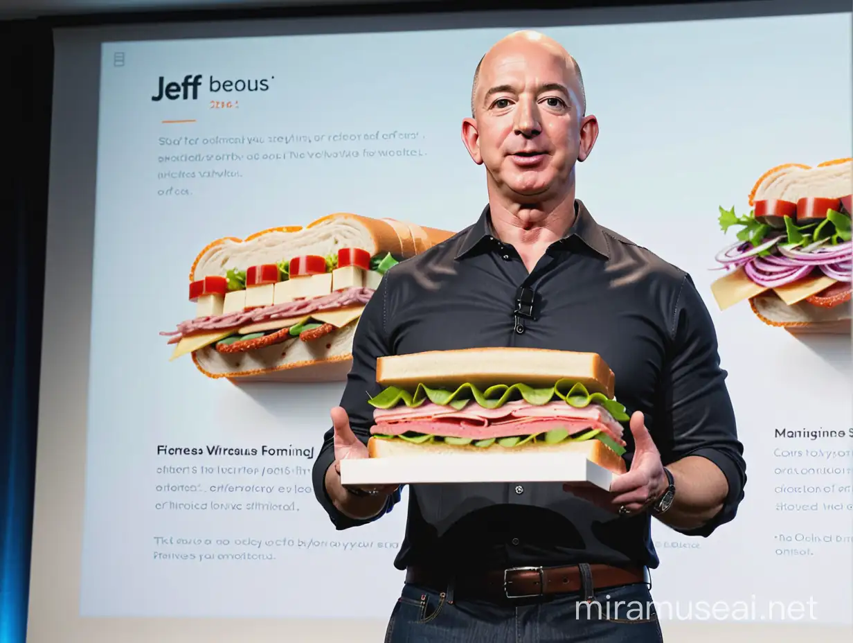 jeff bezos holding a presentation about a delicious sandwich