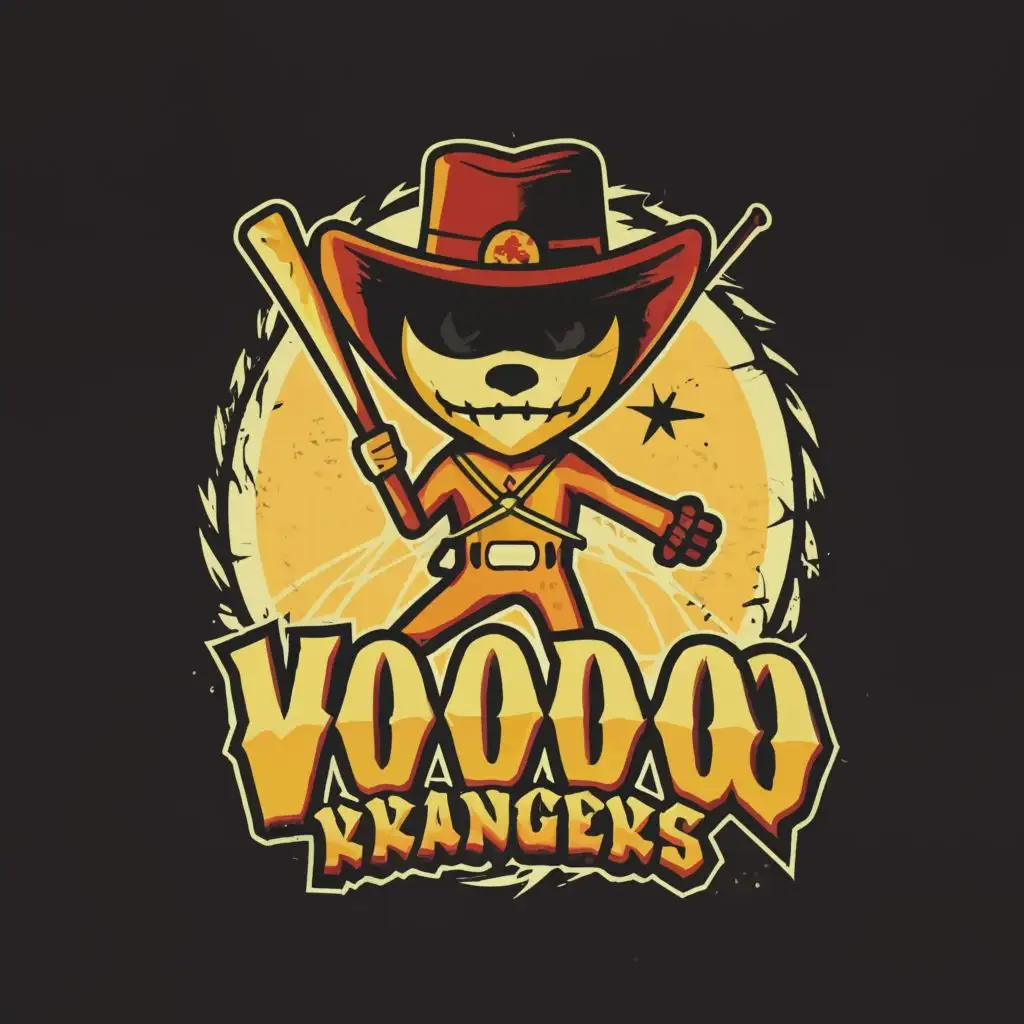 a logo design,with the text 'Voodoo Ranger', main symbol:Voodoo doll wearing ranger hat holding baseball bat,Moderate,be used in Sports Fitness industry,clear background, black and yellow colors