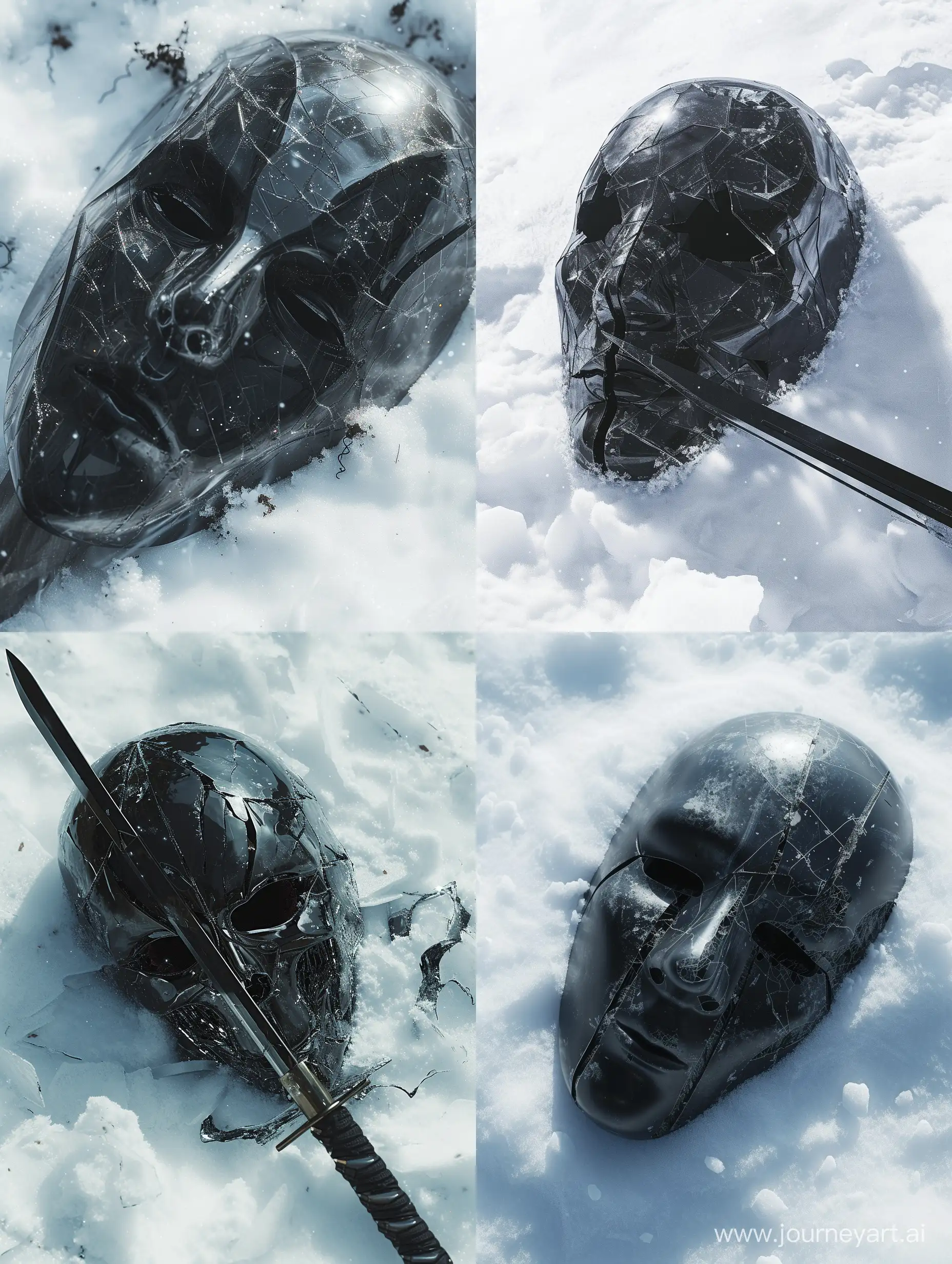 music album cover, clear art, black  sсi fi vibro sword mask lies in the snow, cracked, darksouls style