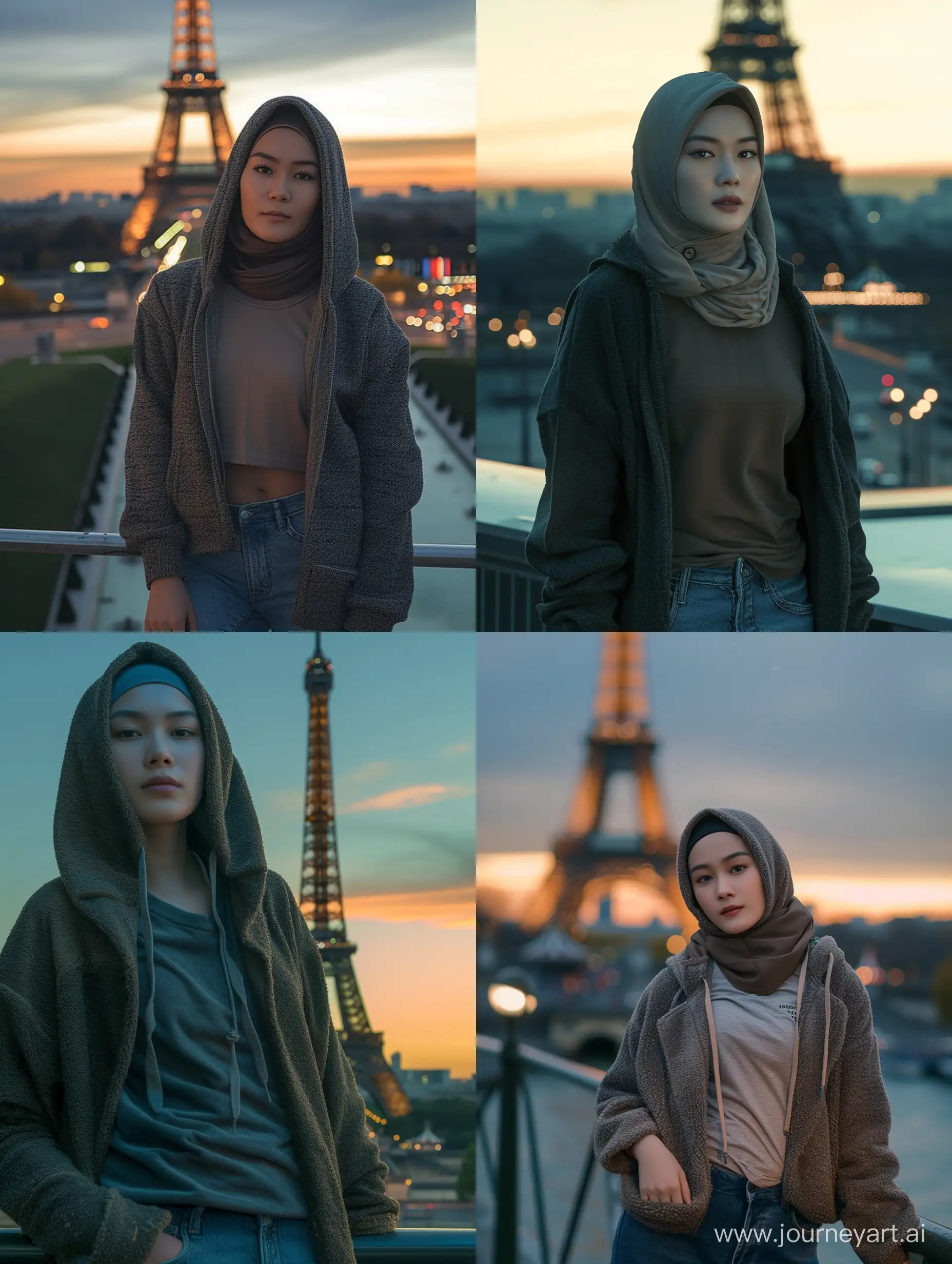 an Indonesian Javanese woman (25 years old, oval and clean face, hijab, thin body, Indonesian-style skin, wearing a thick winter hoodie t-shirt, jeans) standing posing like a model, behind her is the Eiffel Tower, the photo is slightly tilted to the side, her face is visible , night scene, minimal lighting, sunset glow. ultra HD, real photo, very detailed, very sharp, 18mm lens, realistic, photography, leica camera