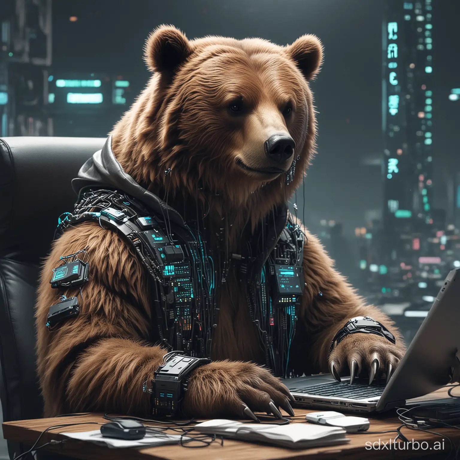 a cute grizzly bear coding cyberpunk style