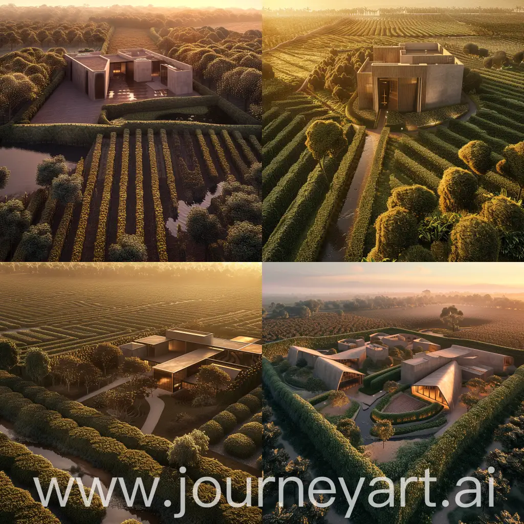 Aerial view at sunrise, showcasing a chocolate factory nestled among cocoa fields. The factory is designed in a modern style, constructed from concrete, surrounded by tall hedges. The fields are dotted with cocoa trees and a small stream.