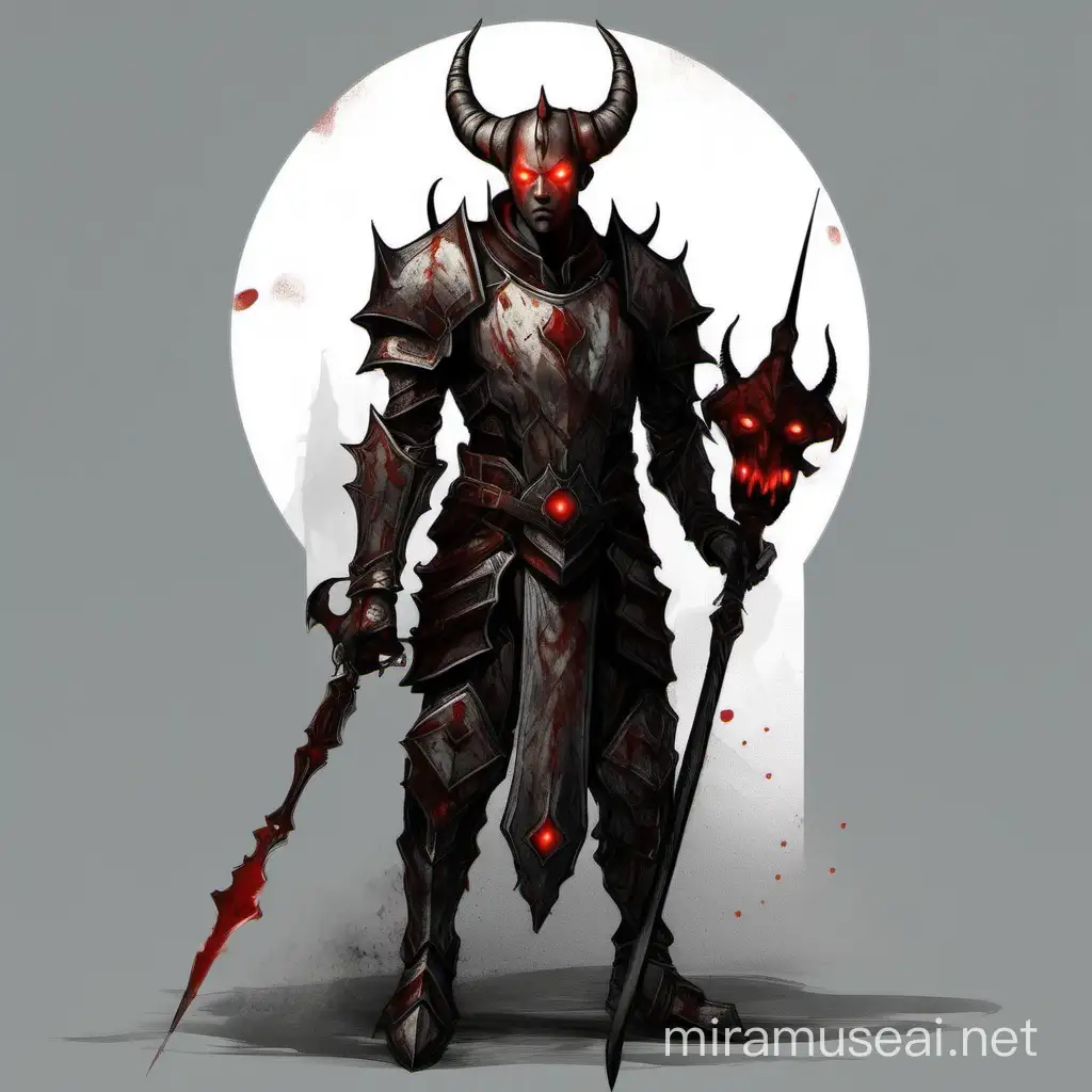 Majestic Human Paladin with Red Eyes and Horns in a Fantasy Realm