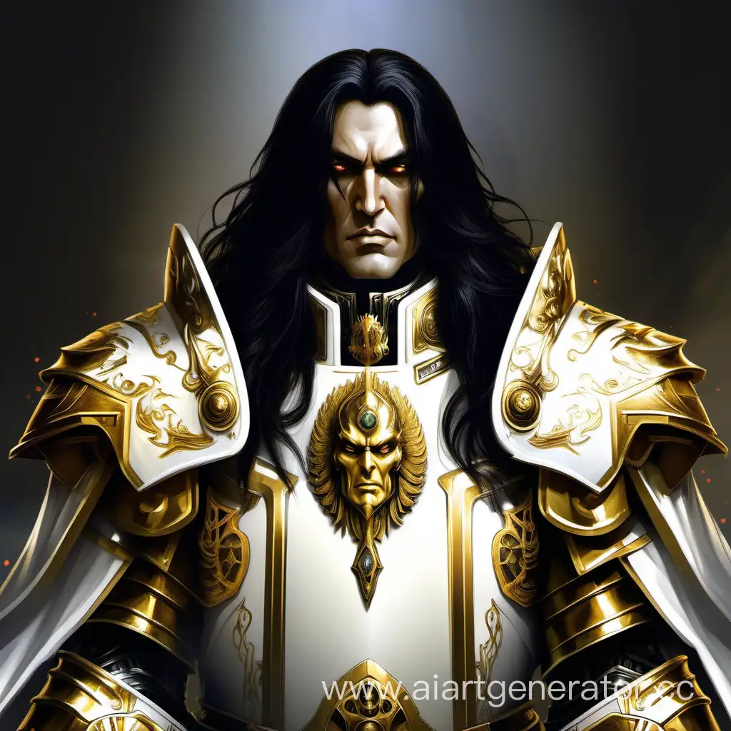 Примарх султан с длинными чёрными волосами солнечными глазами и в золотой броне и в белых одеждах, симметрия, warhammer 40000, портрет