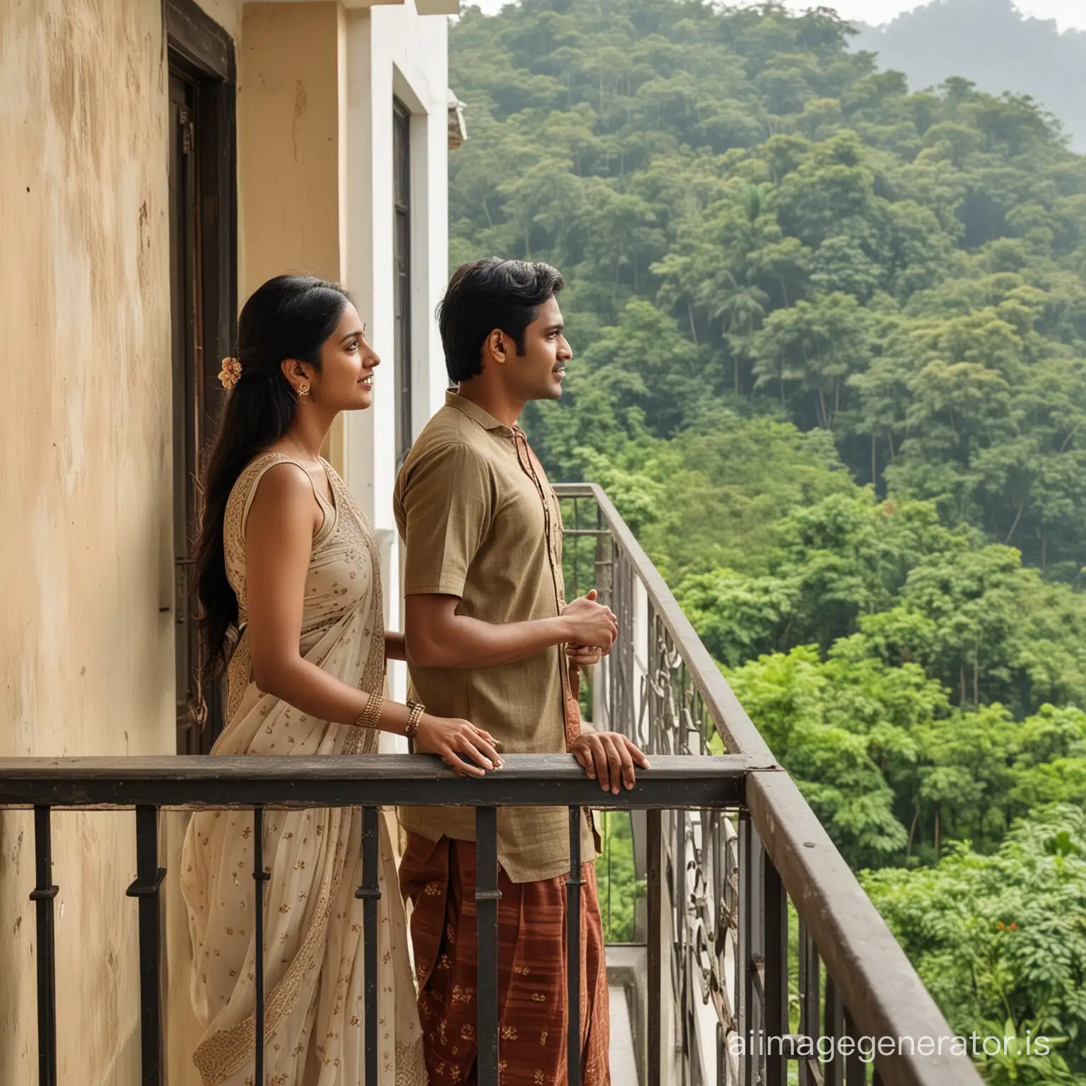 indian couple standing in building balcony exploring nature
