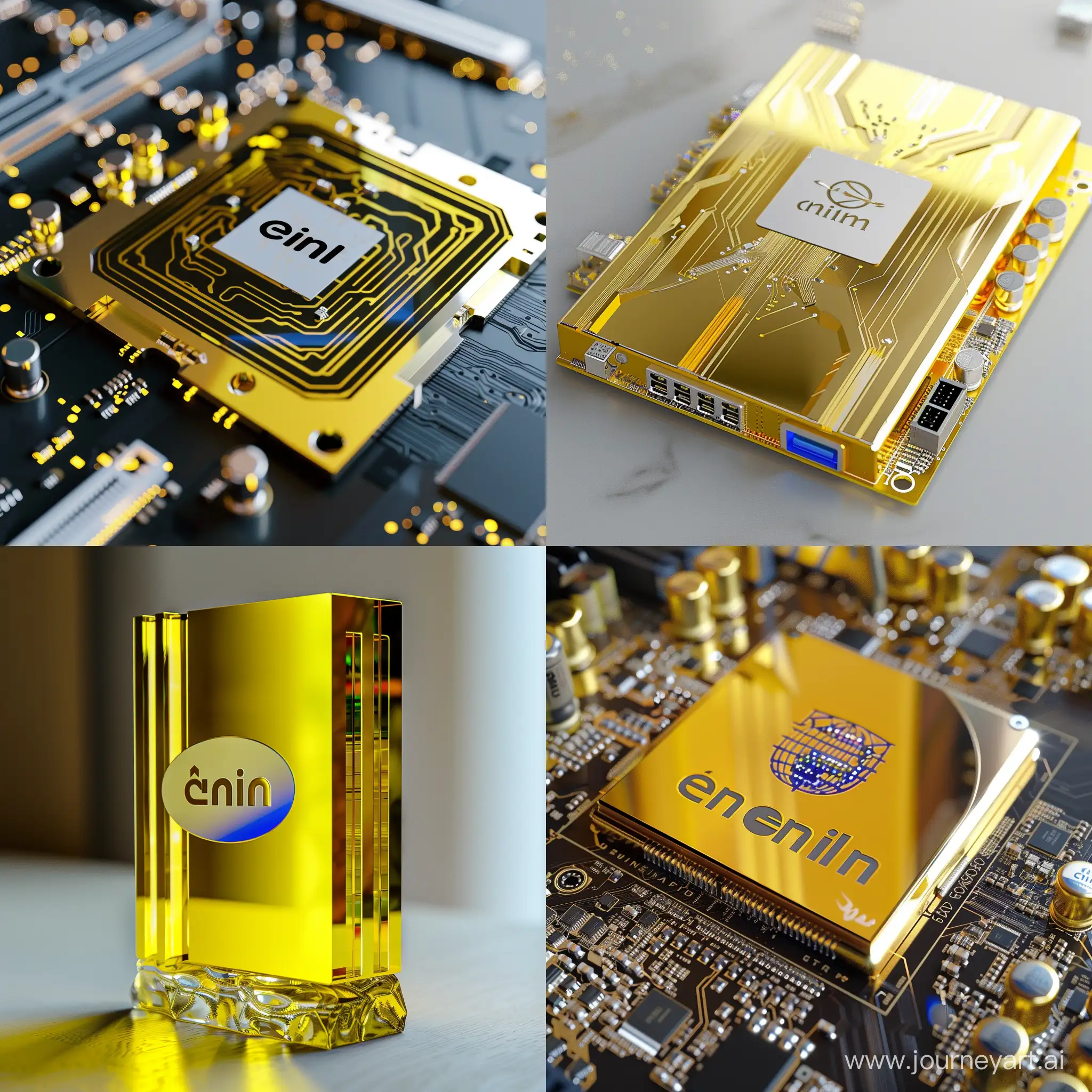 Intel CPU is a combination of yellow and white gold alloy and glass and matte background    Please only write the Intel logo on the cpu
