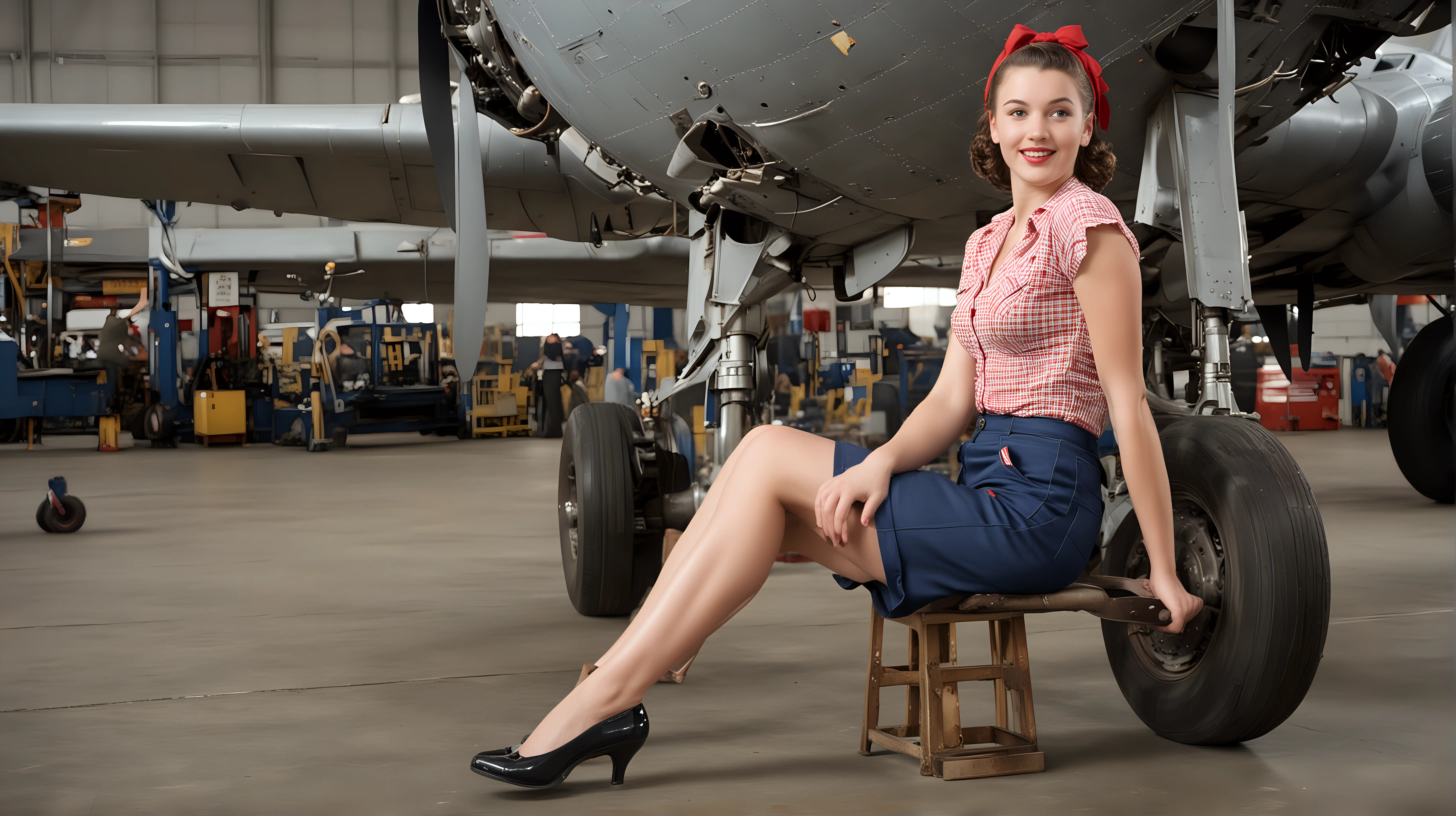 Rosie the riveter type of 18 year old woman, legs,  full length portrait, 1940s style, in a airplane factory