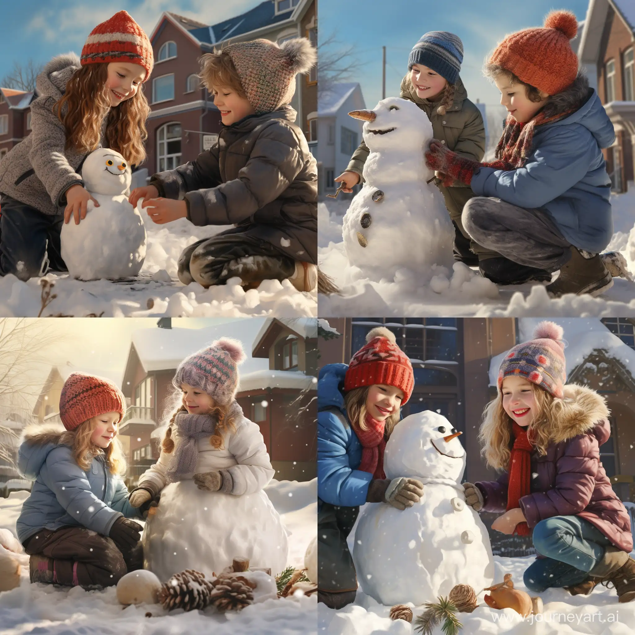 Весёлые дети в зимней одежде, лепят снеговика во дворе дома в городе, солнечный зимний день, фотография, гиперреализм, высокое разрешение