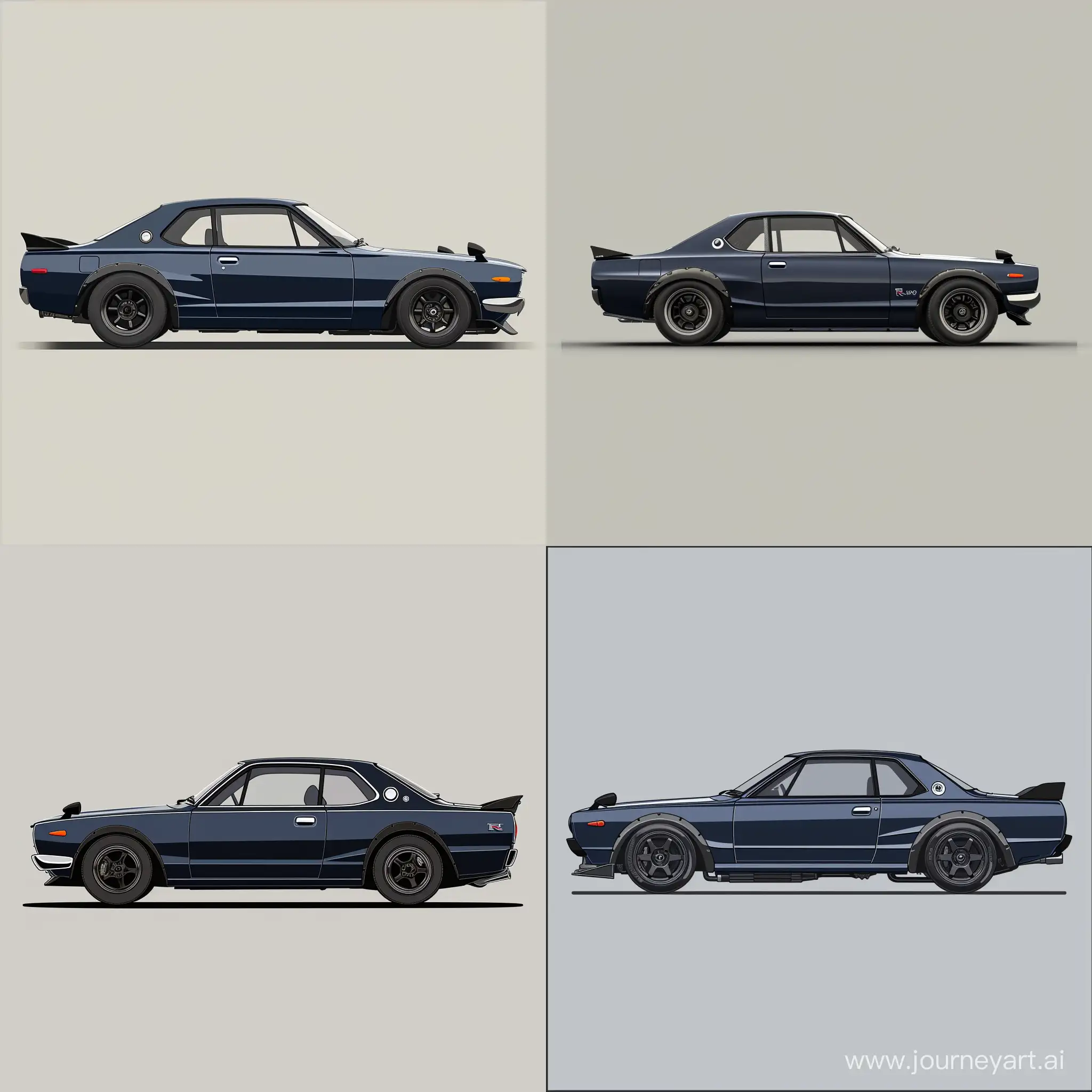 Minimalist 2D Side View Illustration of: Navy Blue Nissan Skyline R29, Simple Gray Background, Affinity Designer Software, High Precision