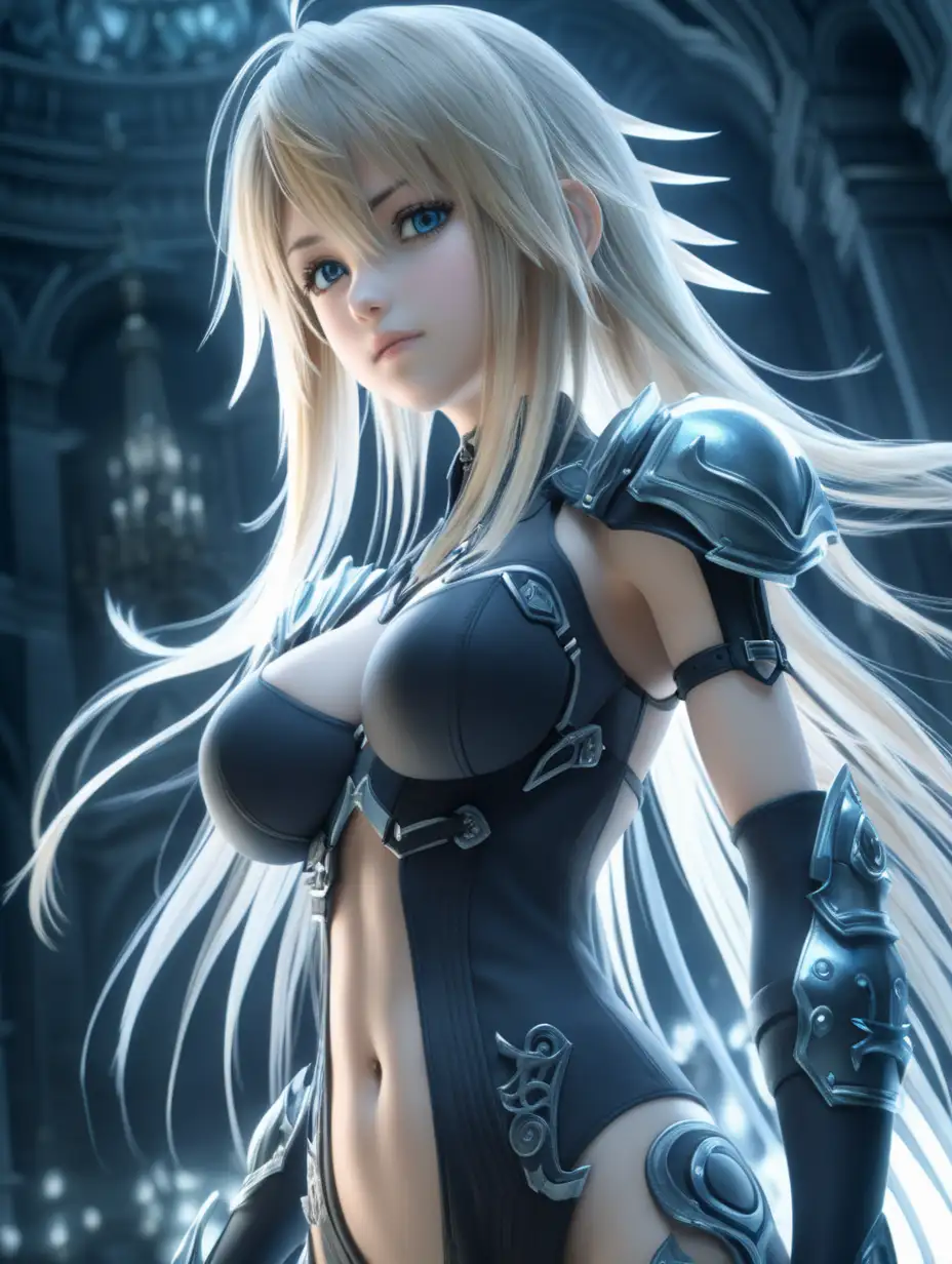 (cinematic lighting), In the visually stunning world of Final Fantasy Advent Children, an anime girl captivates with her meticulously crafted attire, perfect breast, blending futuristic elements with fantastical elegance, immersed in the grandeur of the environment, her presence radiates a harmonious blend of strength, grace, and a touch of otherworldly beauty, in action, full body photo, angle from below, intricate details, detailed face, detailed eyes, hyper realistic photography, --v 5,