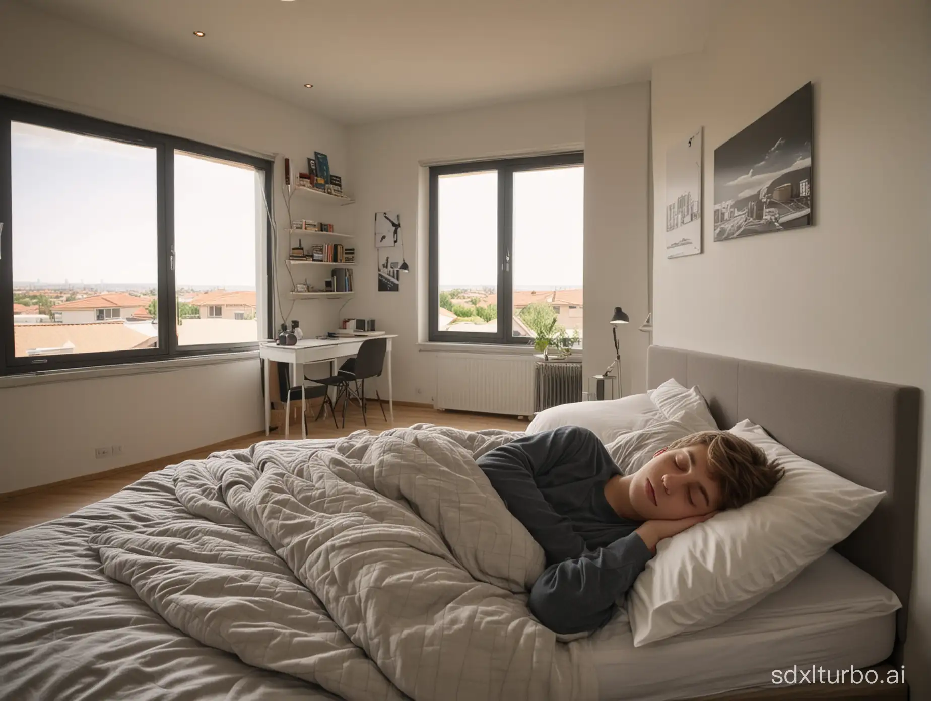 A 17 years old boy sleeping in a modern house, the camera closing on him from a wide angle, far from him. realistic