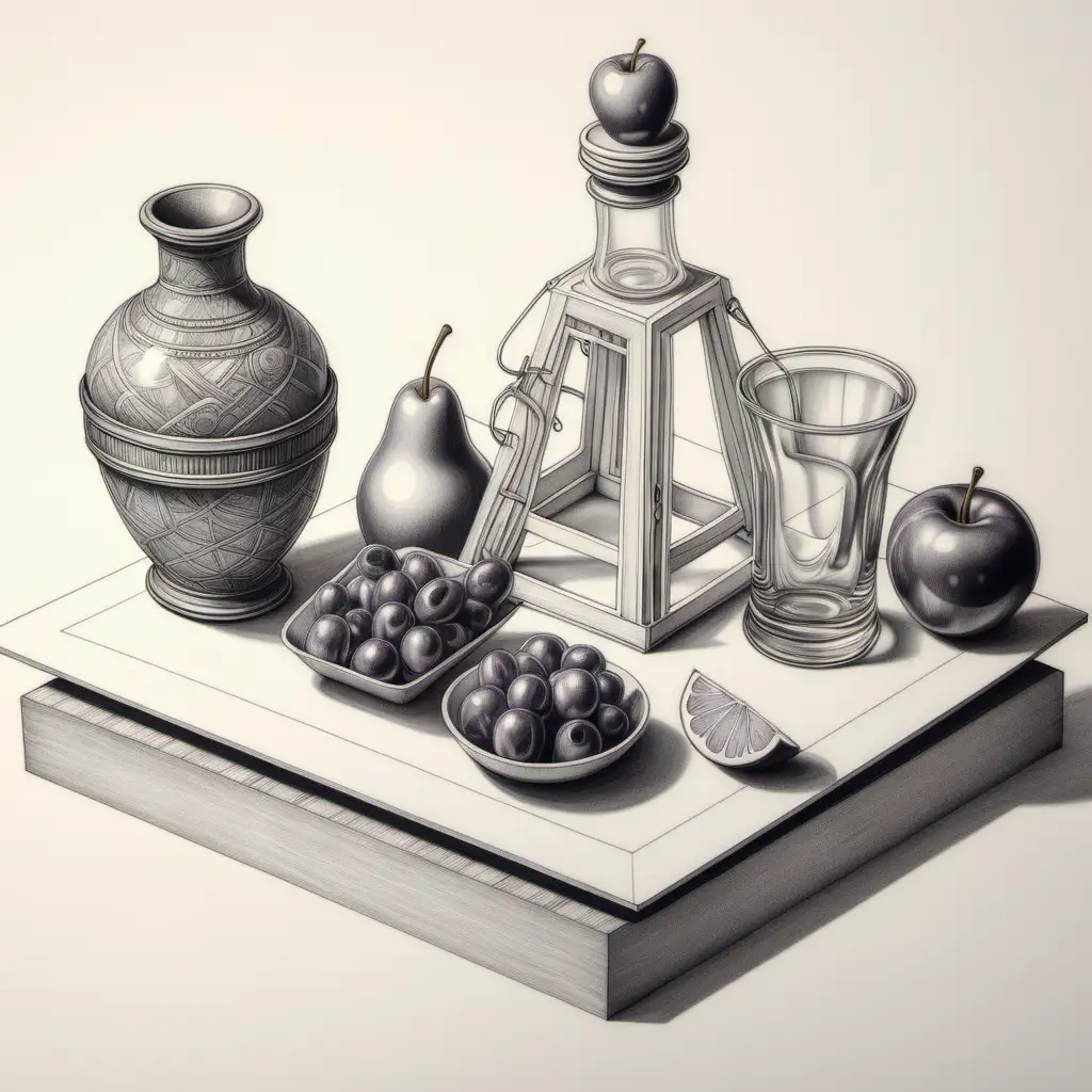 2 point perspective still life with 5 objects extremely detailed with cool random illustratiosn