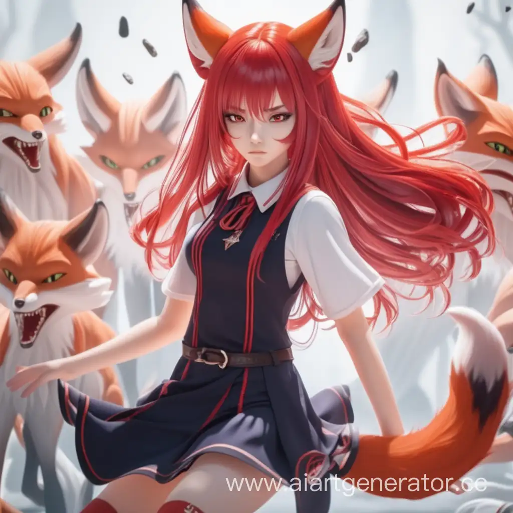 Девушка лиса с рыжими волосами сражается с демонами