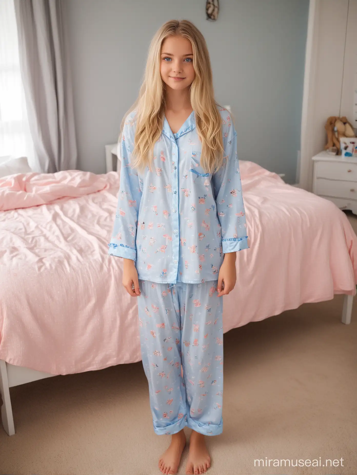 Teenage Girl in Cozy Sleepwear at Sleepover in her Bedroom