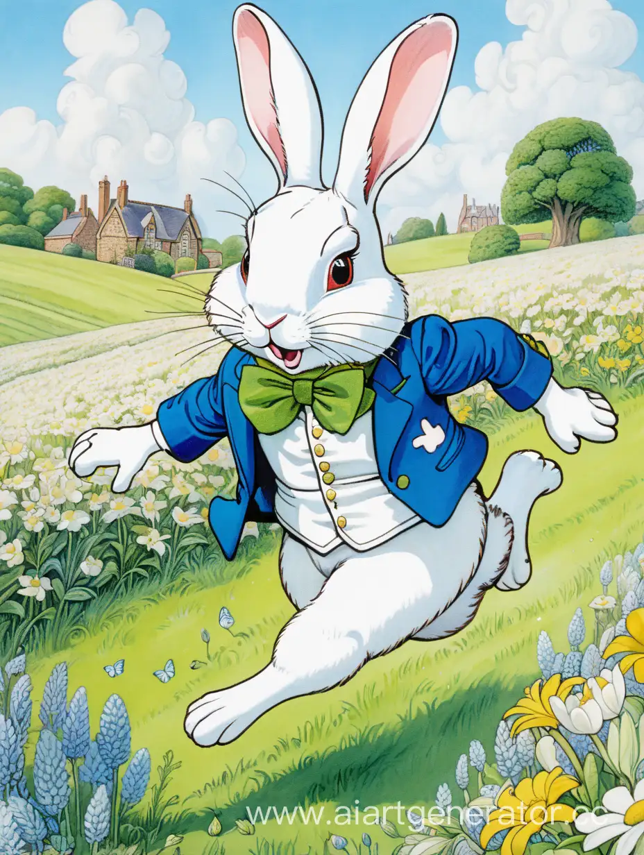 Белый кролик в синей кепке и зелёном жокете прыгает среди цветочного поля 