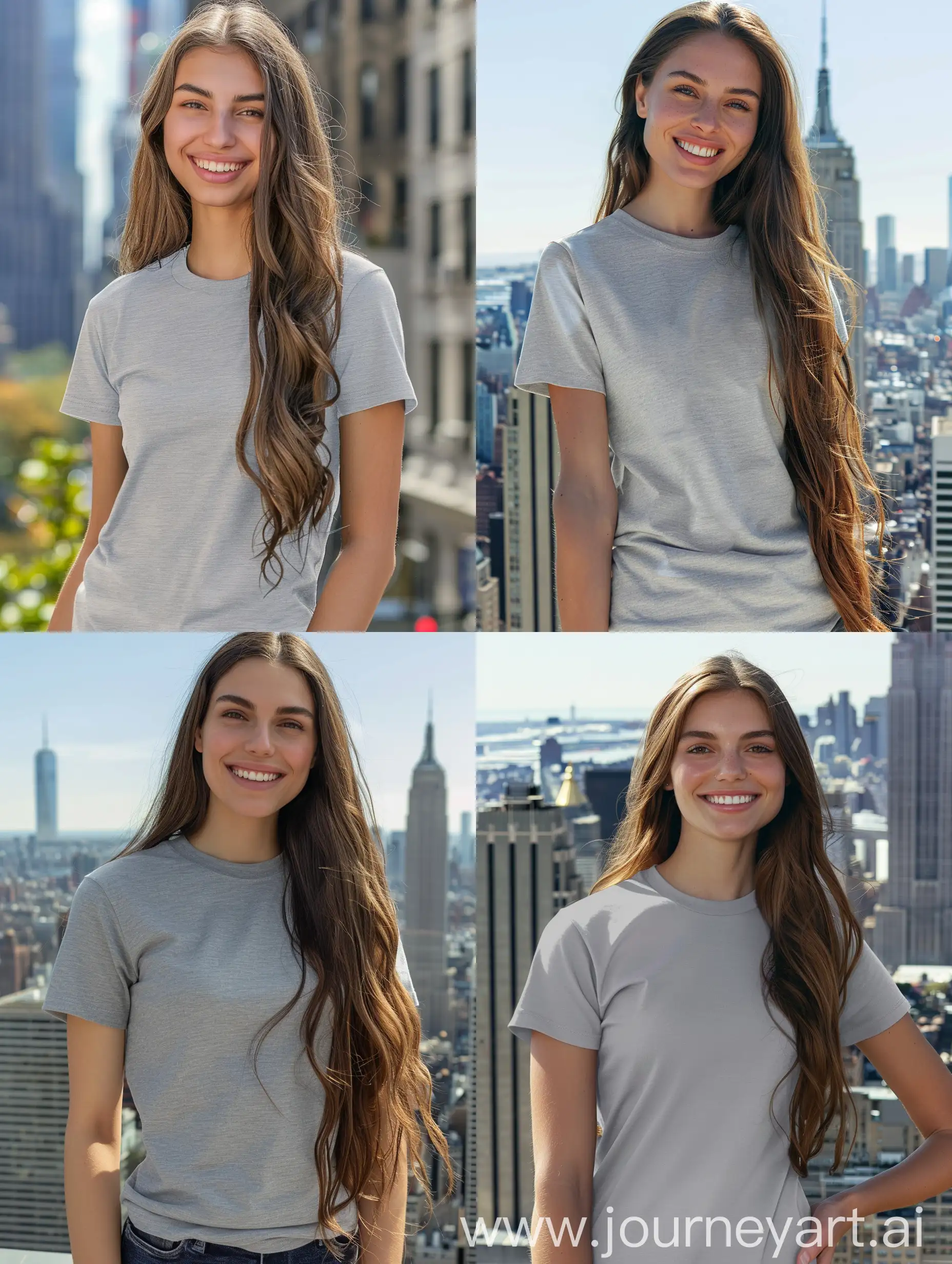 showing head to thigh, a 22 year old woman with long, brown hair, smiling at the camera, wearing a blank heatther grey snug Bella Canvas 3001 t-shirt with no design, new york city in background