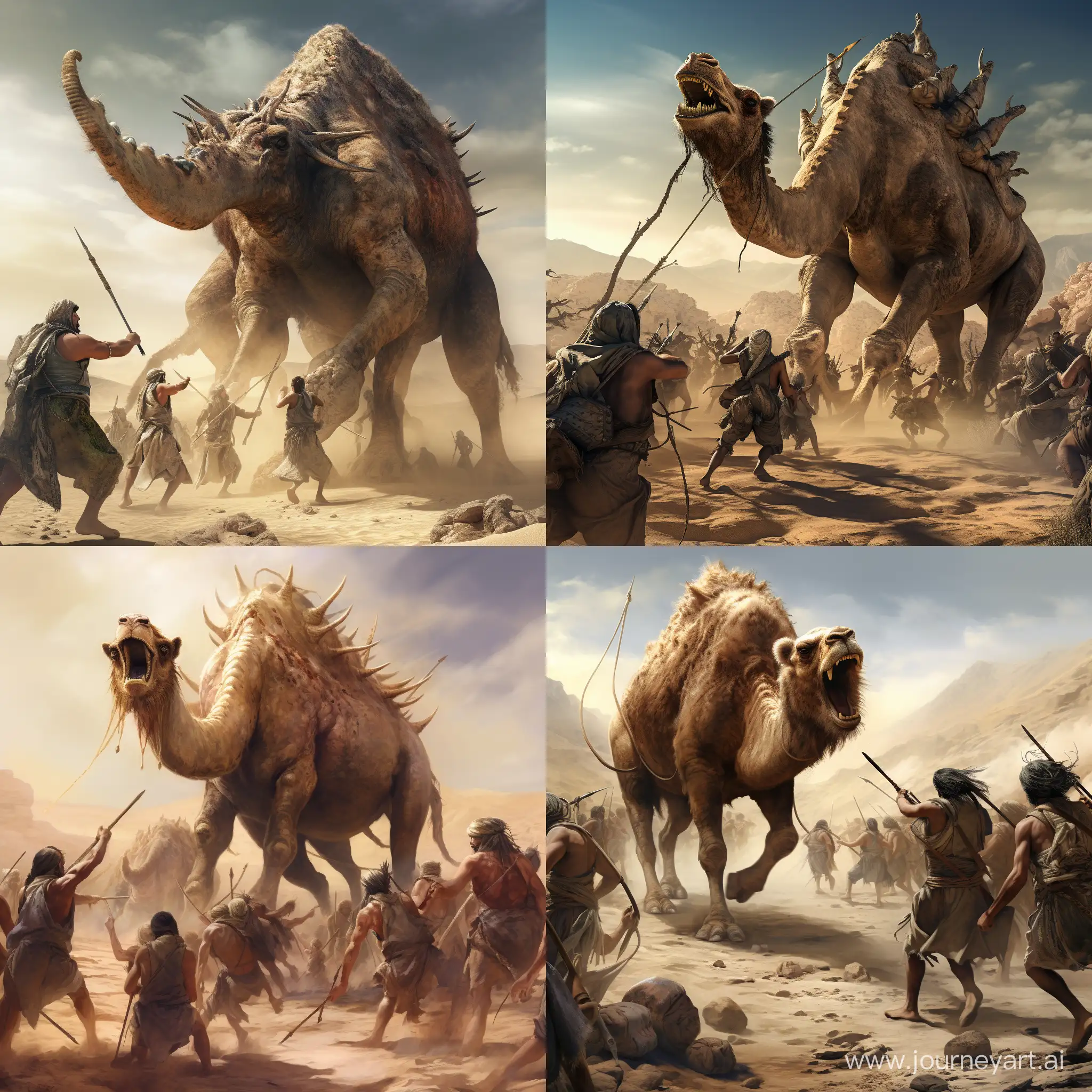 9 DESERT DWELLERS ATTACKING A CAMEL WITH BOW AND ARROW IN DESERT 