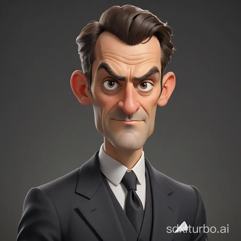 Caricature of A classy english butler dressed in a business suit. Animated style. Dark grey background. Neutral face expression.