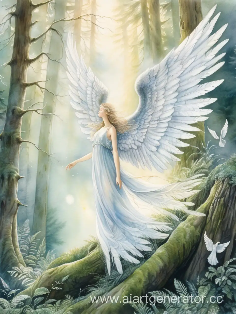 Ультра-детализация, мягкая акварель, яркая акварель, ангел хранитель с крыльями, огромные крылья, лес, мох, небо, белые сияющие перья, сияние, летит, небо, вид сбоку