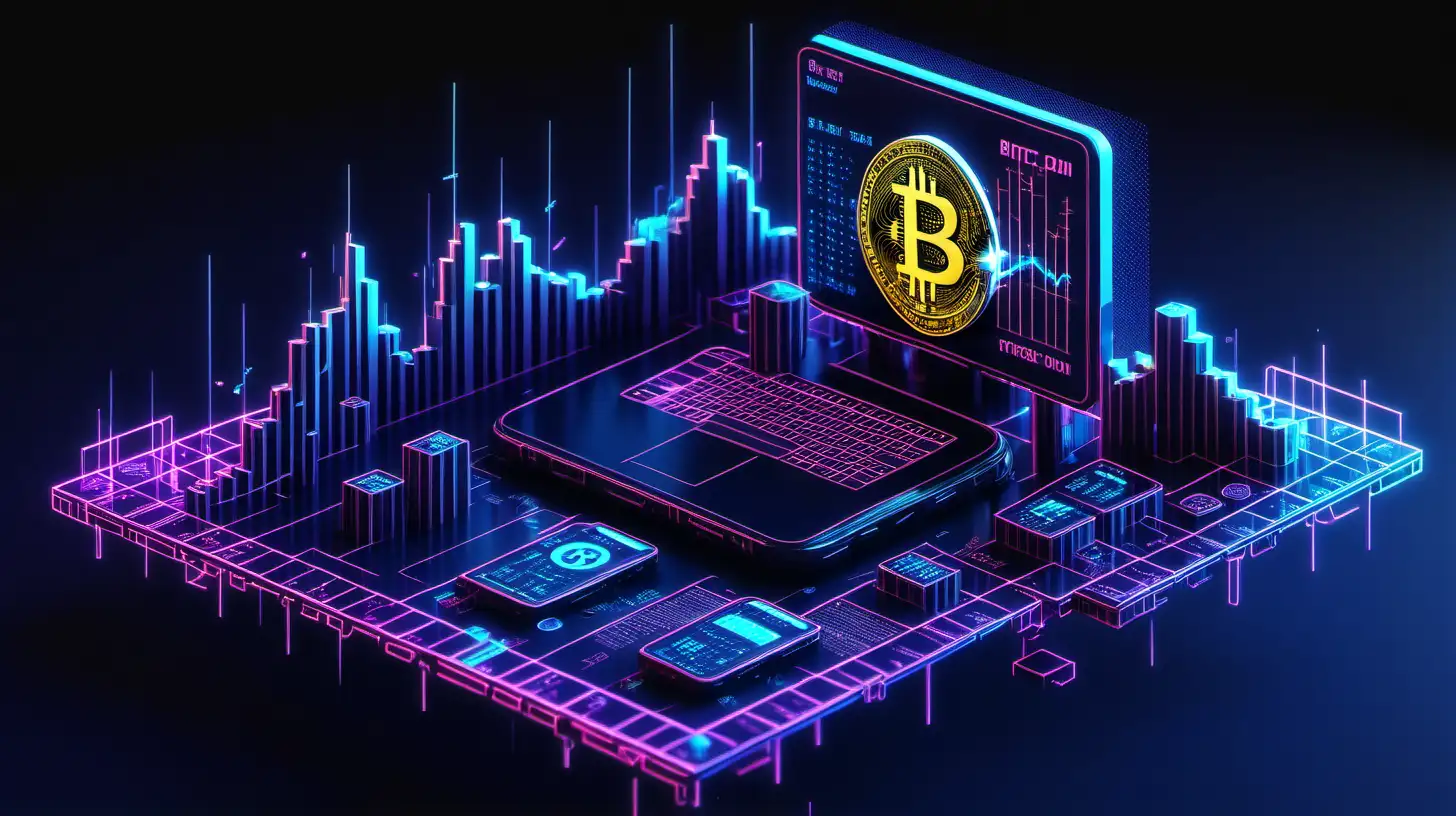 3D bitcoin cyberpunk theme, crypto price charts