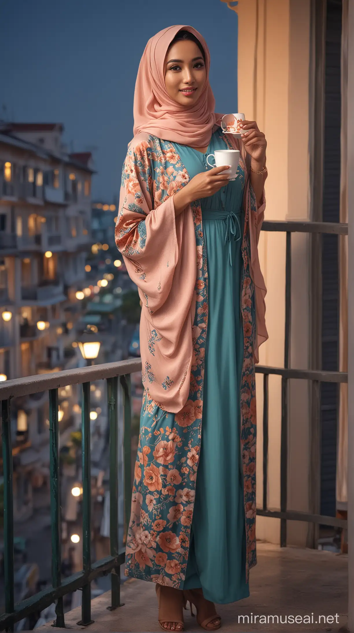 Stylish Malay Woman Enjoying Evening Coffee on Balcony Overlooking Picturesque Street