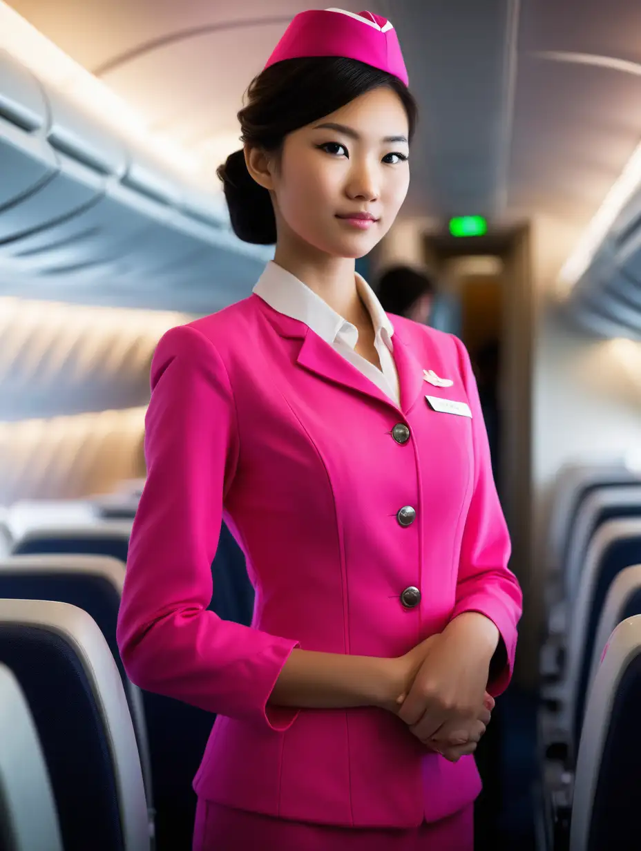 /imagine prompt : An ultra-realistic full-length photograph captured with a canon 5d mark III camera, equipped with an 70mm lens at F 1.8 aperture setting, portraying elegant 18 years old Hong kong woman absolutely from side, wearing modern flight attendant bright pink uniform [photorealistic] The background is empty white, highlighting the subject. The image, shot in high resolution and a 9:16 aspect ratio, captures the subject’s natural beauty and personality with stunning realism Soft spot light gracefully illuminates the subject’s arm, all body is luminated very well, casting a dreamlike glow. –ar 9:16 –v 5.2 –style raw