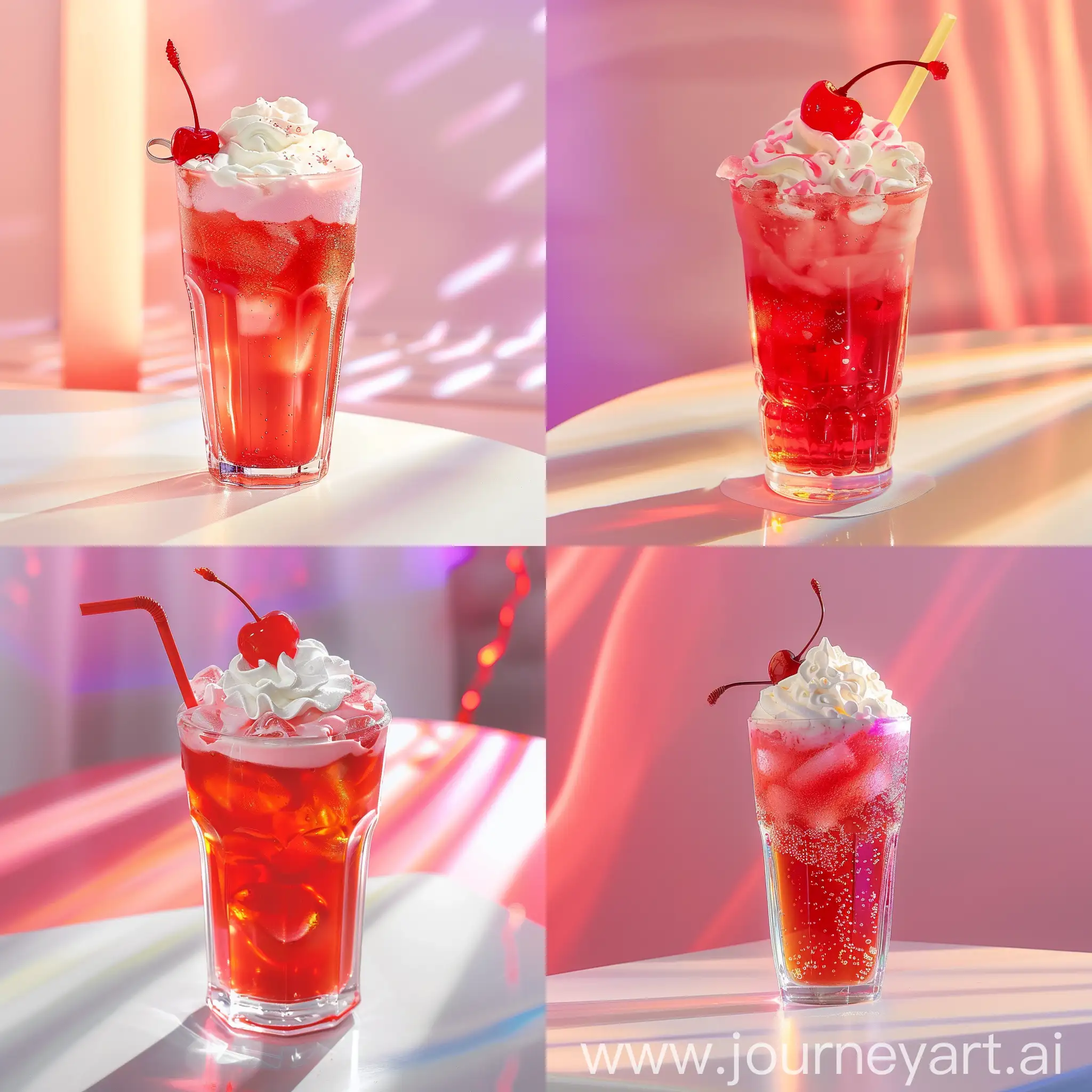Aesthetic instagram picture real life, red iced soda in glass on white table with whipped cream on top and a cherry, pastel lighting