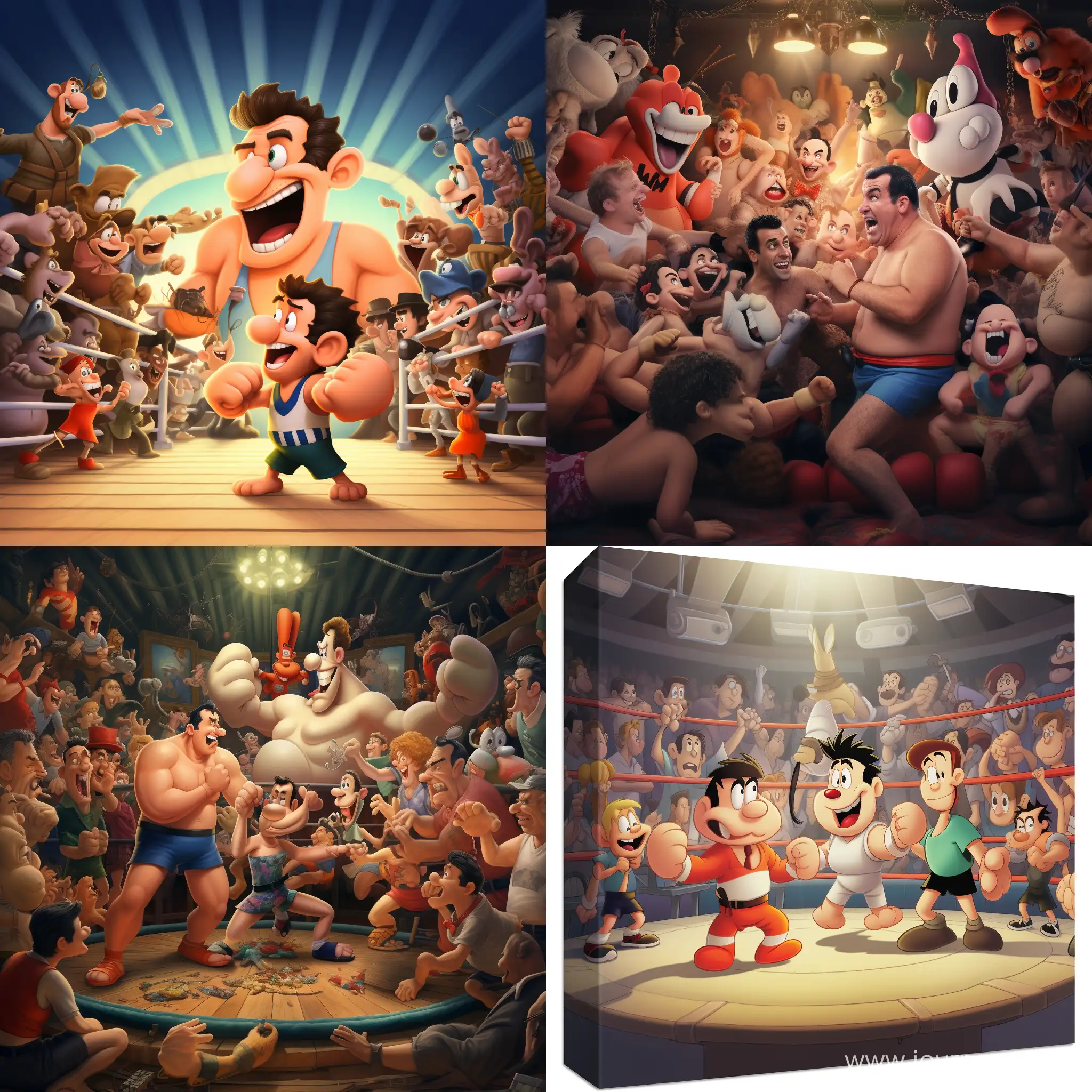 Epic-Cartoon-Boxing-Match-Fred-Flintstone-vs-Bugs-Bunny-with-a-StarStudded-Audience