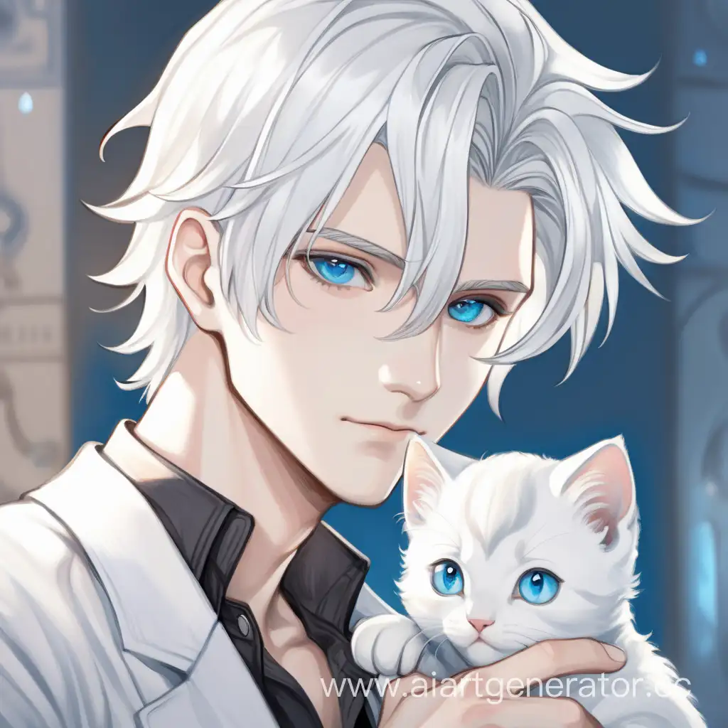 красивый молодой парень,
 белые волосы, голубые глаза, очень нежный стиль, бледный рисунок, белый котик, бледная кожа, милый, аниме нежный стиль