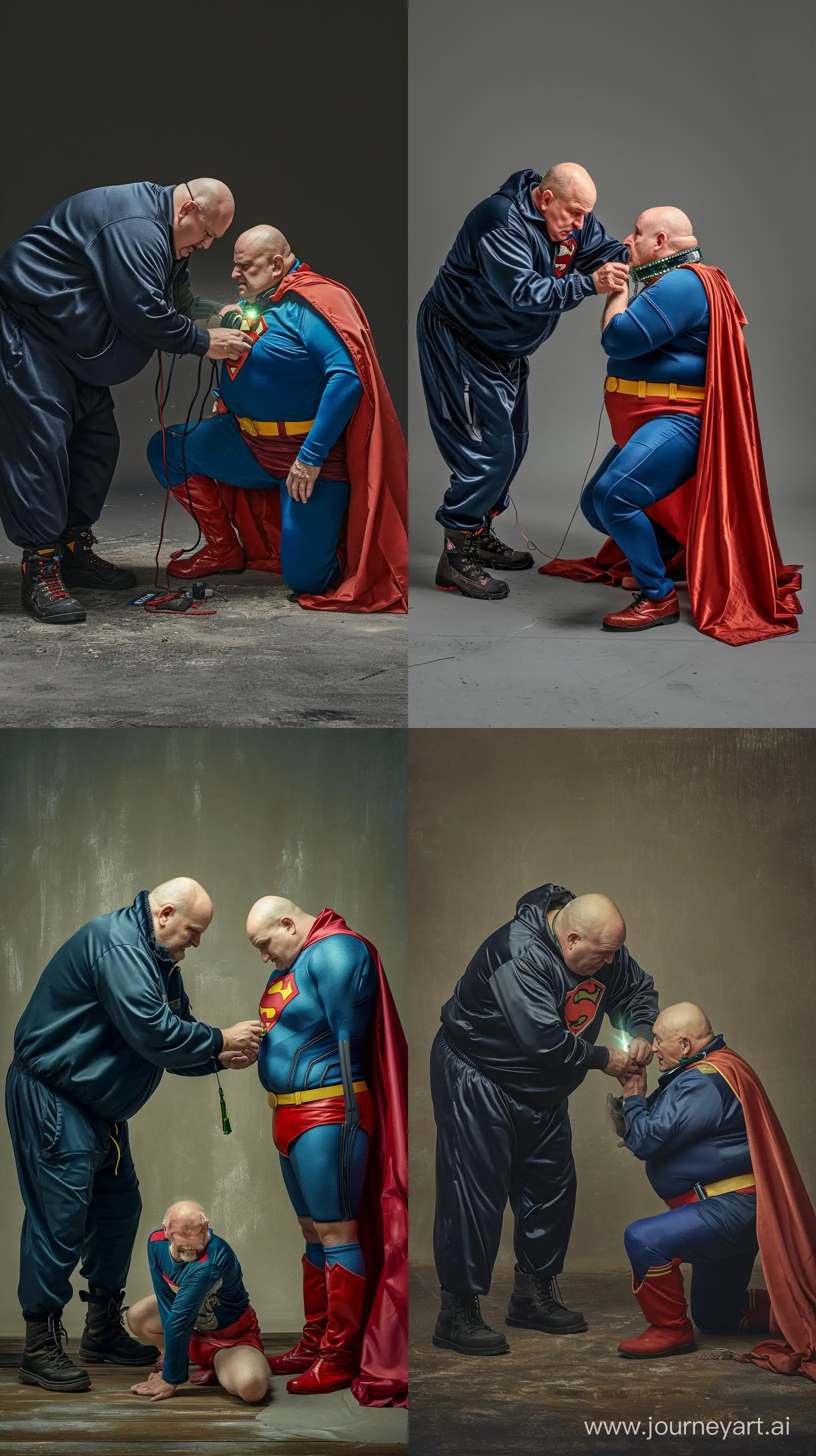 Photo of two men. The first man is a chubby man aged 70 wearing a silky navy tracksuit and black hiking boots, bending over and tightening a small glowing shiny green short metal collar on the neck of another fearful chubby man aged 70 kneeling on the floor wearing a silky blue superman costume with a large red cape, red boots, blue shirt, blue pants, yellow belt and red trunks. Outside. Bald. Clean Shaven. --style raw --ar 9:16 --v 6