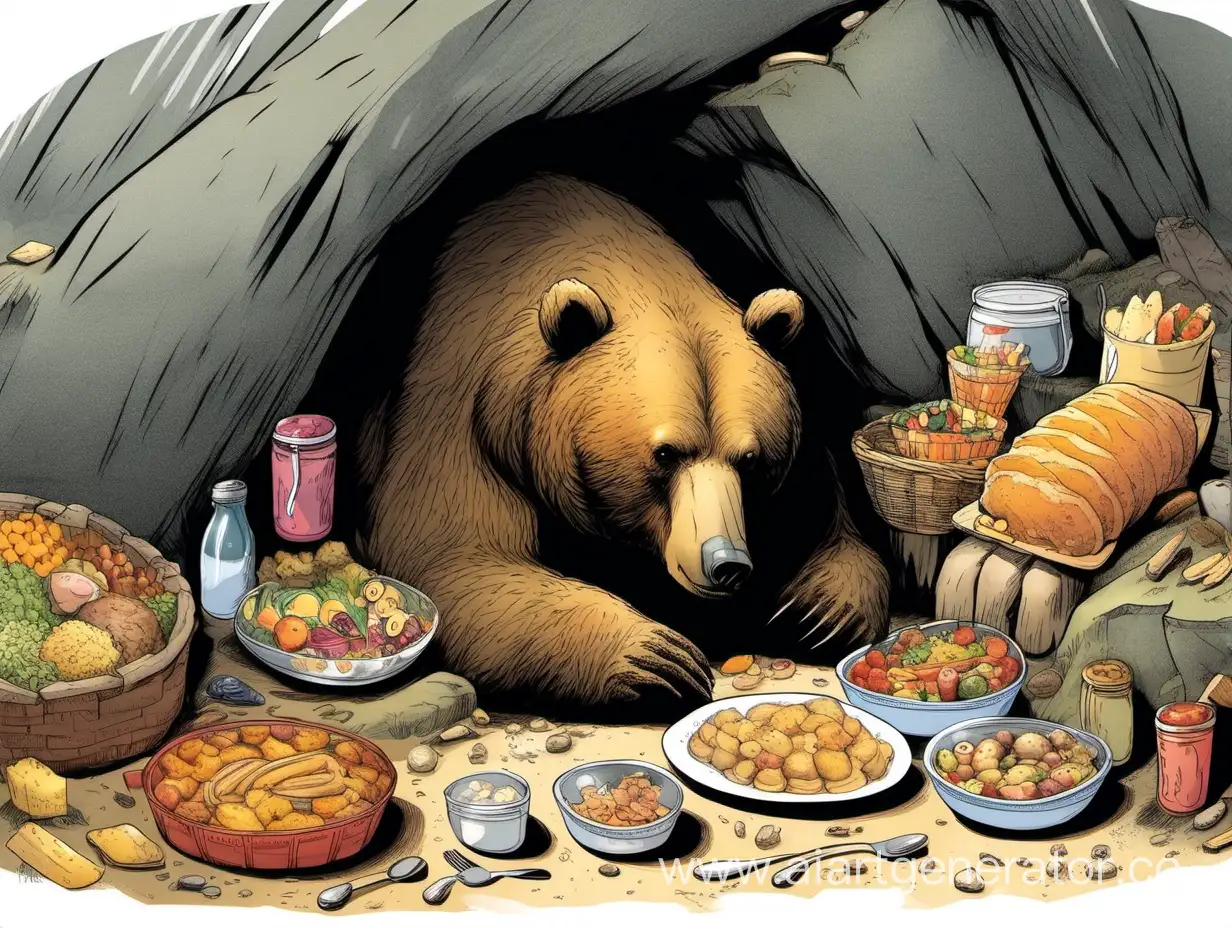 hibernating bear coming out of cave with a table full of food near