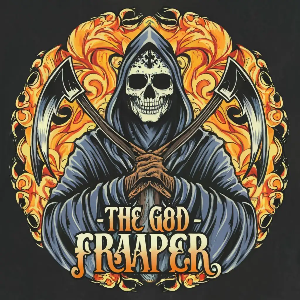 a logo design,with the text 'The God Fraaper', main symbol:grim reaper with day of the dead face paint,complex,be used in Entertainment industry,clear background energy paint drips and splatters grey smoke. background melting wind