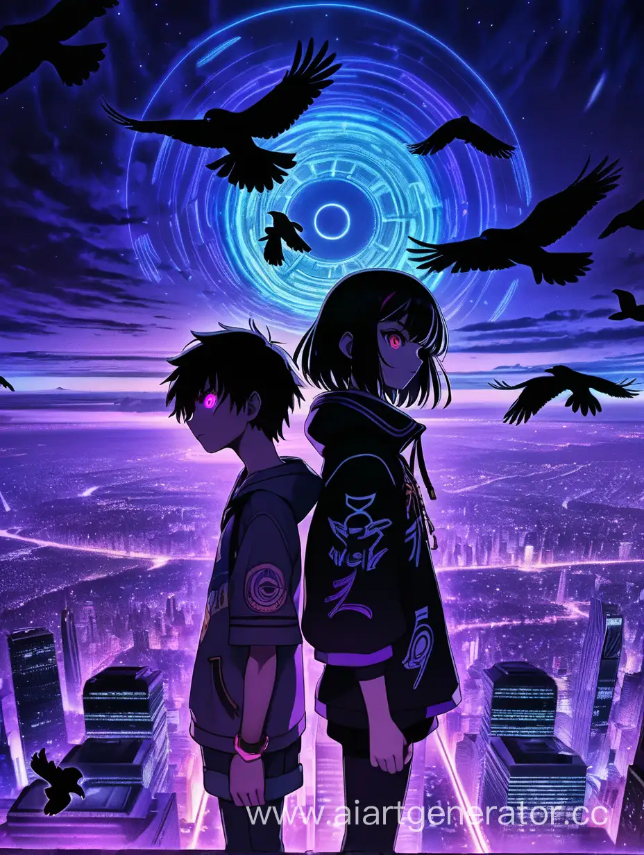 dark-violet theme.Guy on left side looking on center of top with neon eyes,on right side a girl looks on center of top,with neon eyes,on the top and middle of picture are crow with looking down,and cuts the picture a violet lighting from sky anime style
