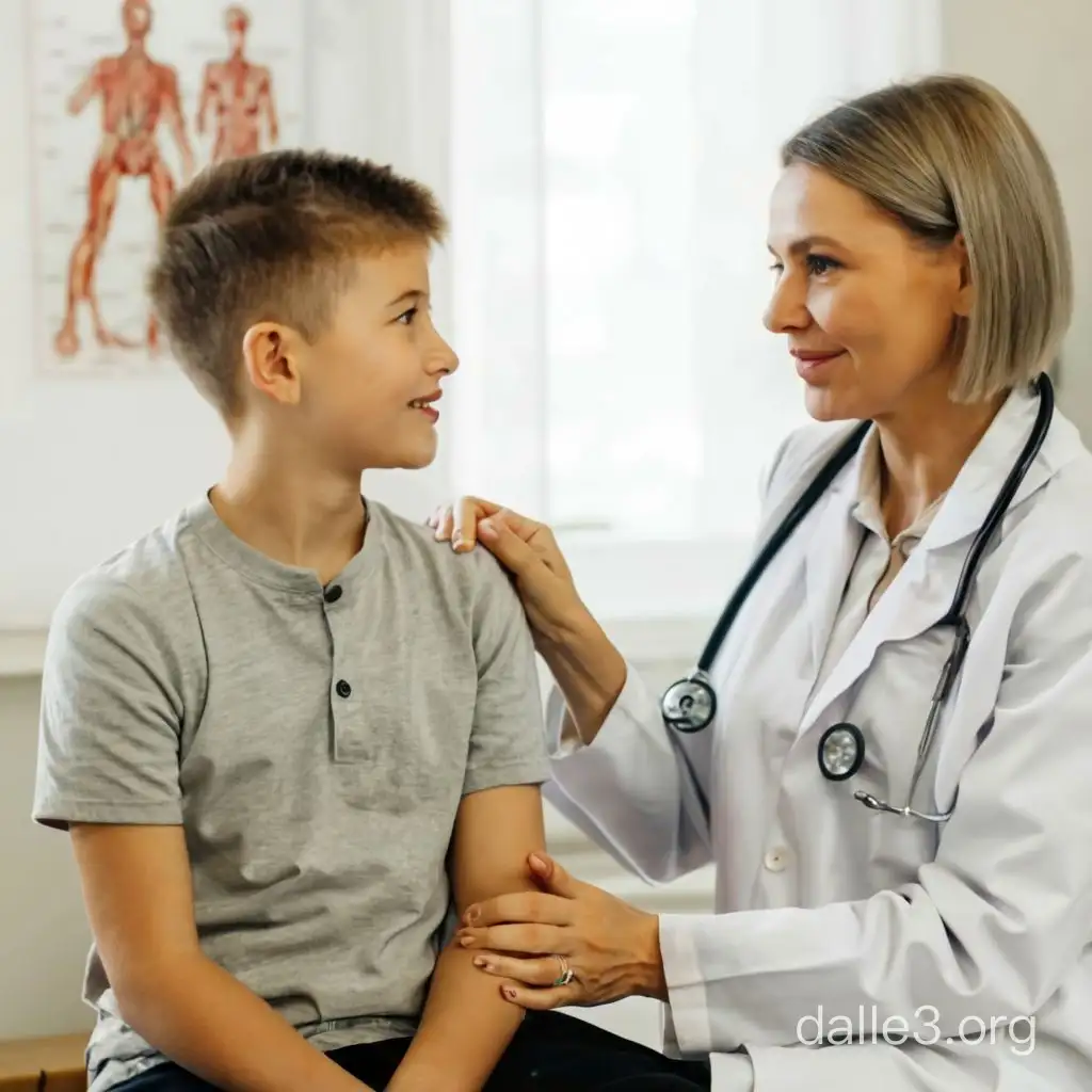 a boy 10-12 years old, a doctor's office, a woman doctor 40-45 years old, smiles on her face, Russians