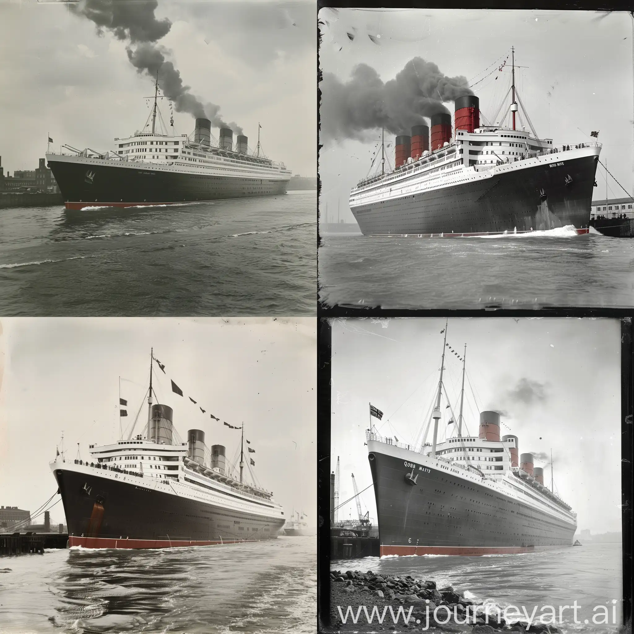 The British liner RMS Queen Mary, leaving a ship port, black and , old photograph, side view, profile pic of the ship.