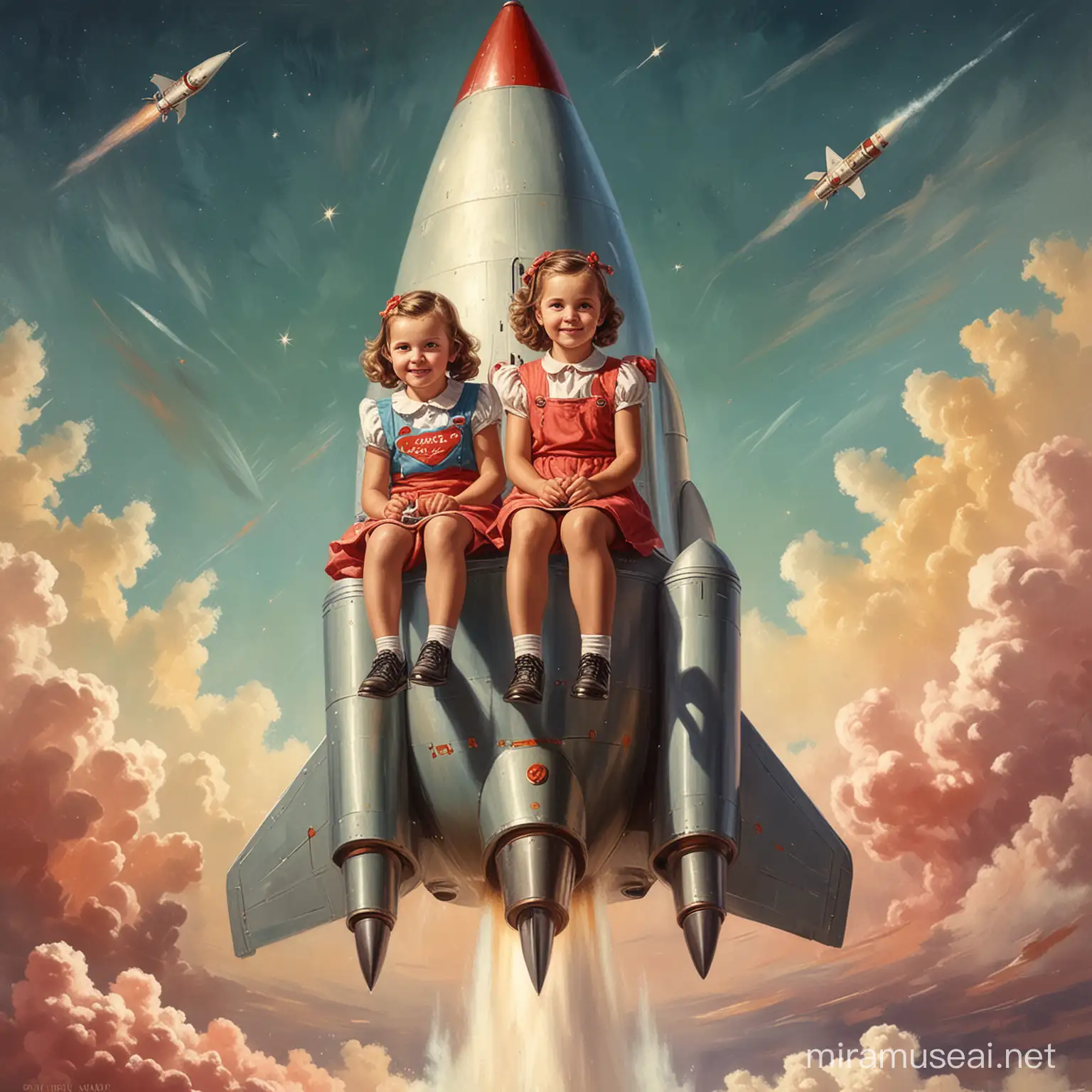 Painting of 2 little girls  in the foreground facing the camera, circa 1940, sitting on a rocket of love. Full color, vintage retro style.