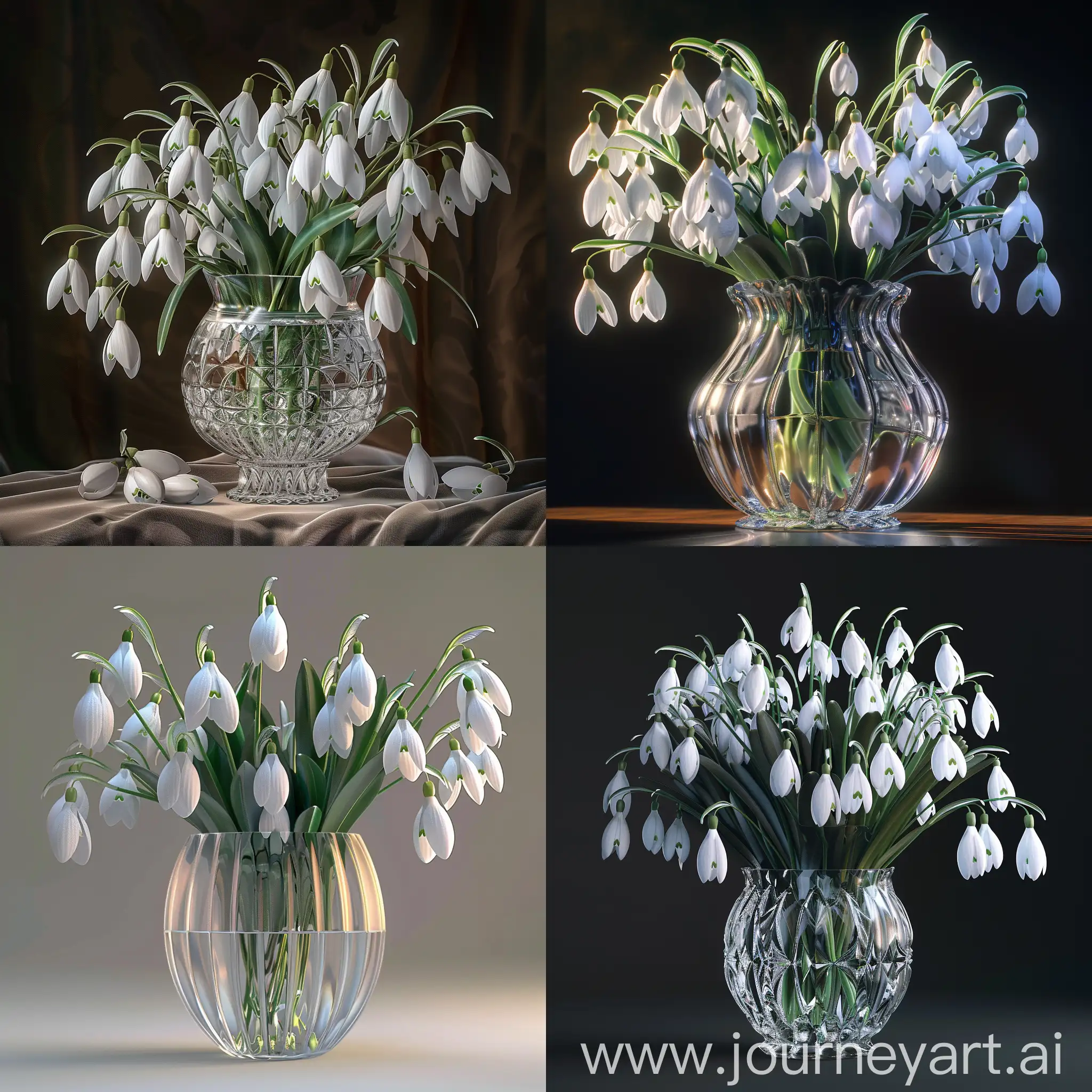 a bouquet of snowdrops in a crystal vase!!!!!!((masterpiece)), ((beste-Quality)) , higly detailed,, highest detail, ah high_Detail, coloration, beutiful, HDR, Photorealistic,