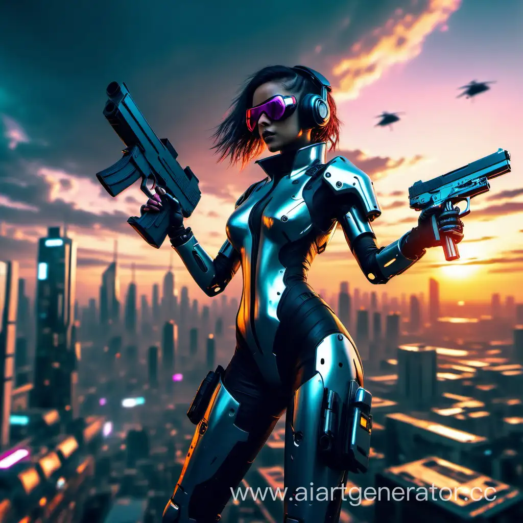 Cyberpunk-Girl-with-Pistol-in-Futuristic-Sunset-Cityscape