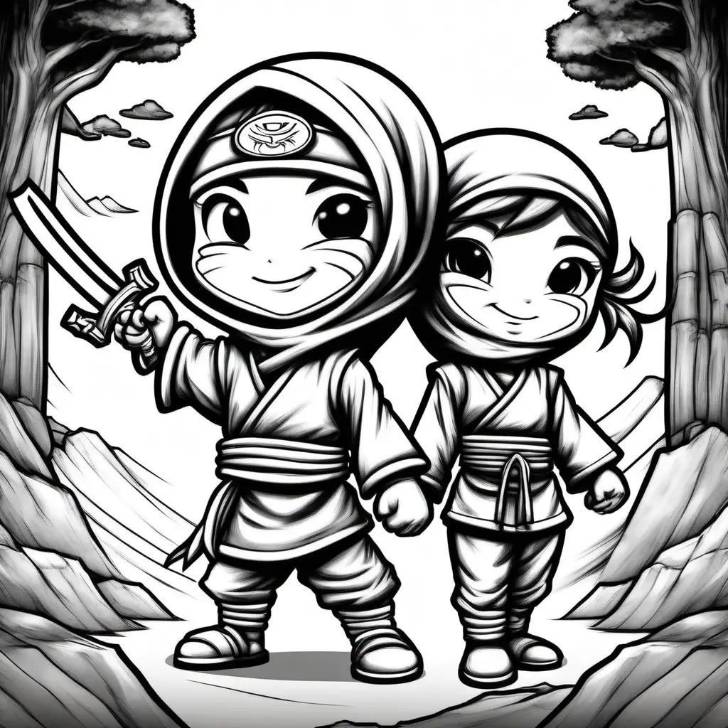 A cute, smiling, ninja girl and boy, wearing a ninja suit, black and white coloring page, no grey, no fill, no solids, dojo background 