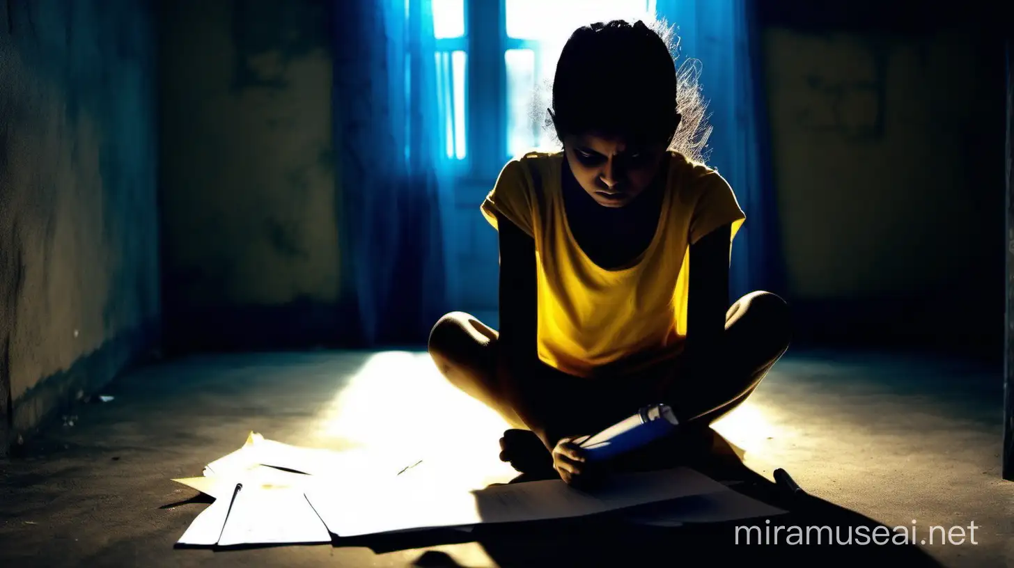 very upset indian girl sitting in dark room, blue and yellow backlight, shot from behind, image should be in shadow, some study stuff on room wall, one pen and one paper scattered on the ground