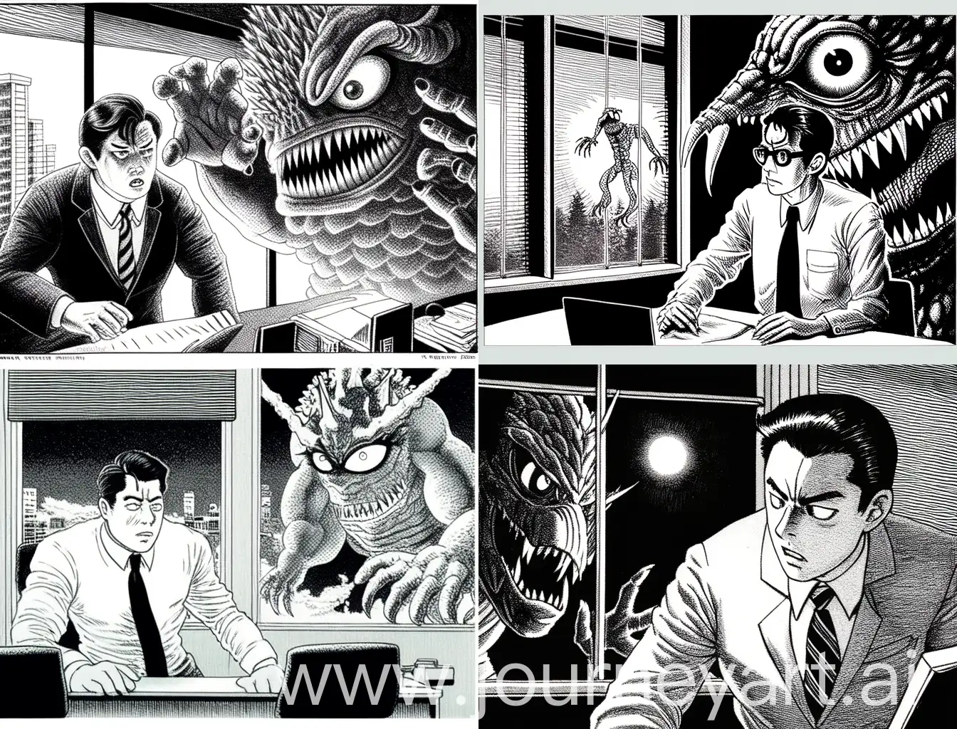 1970年代日本漫画的绘画风格，网点纸和印刷复古效果，一个办公室白领在深夜的办公室里拼命工作，窗外巨大的古代妖怪透过百叶窗在观察他，这张图要看起来像写实漫画家手绘的作品