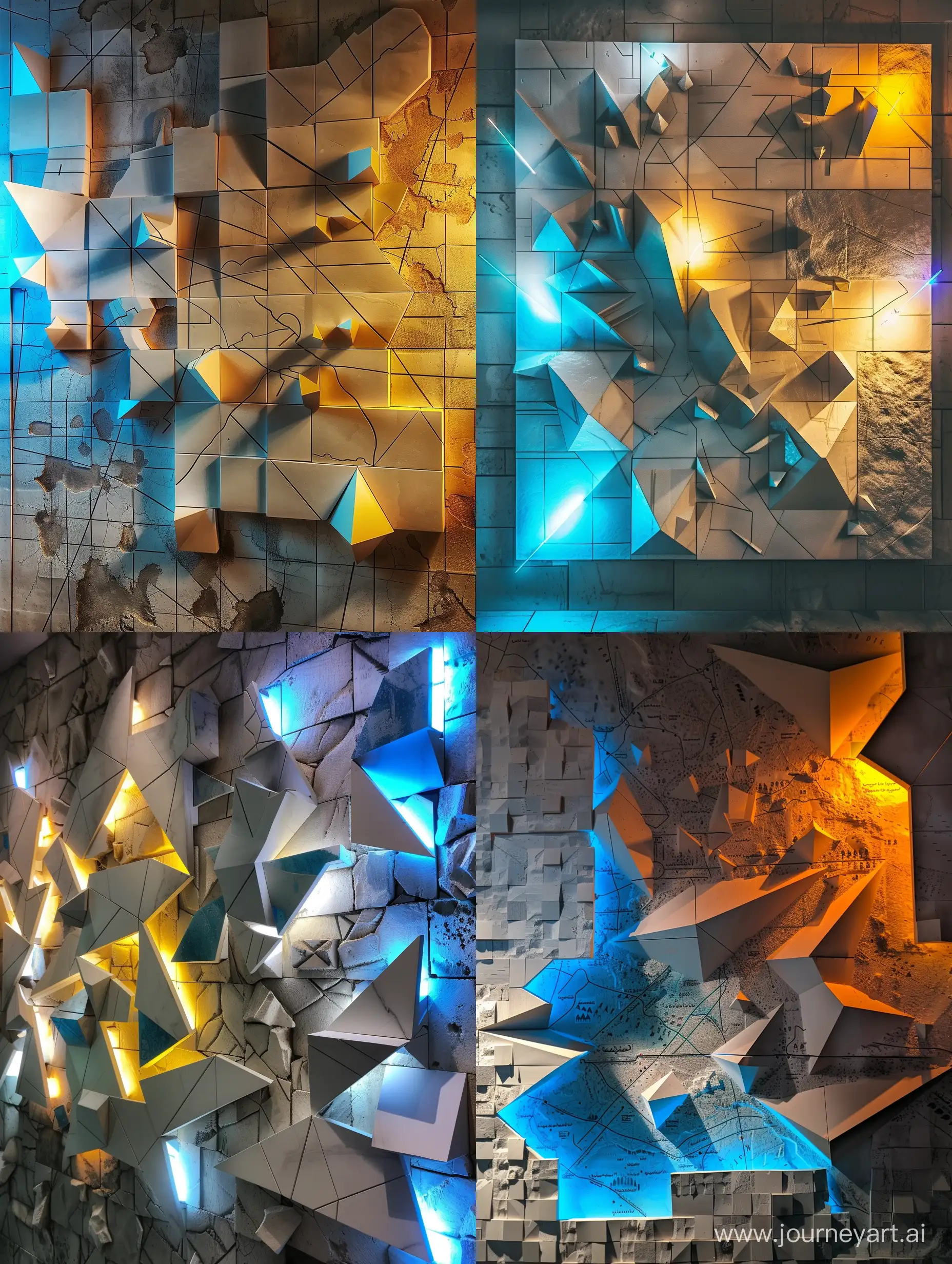 3d map of Iran on a wall with an unusual design made up of squares and triangles. The wall is lit up, creating a visually striking scene. some of the triangles are lightened with blue and yellow lights.