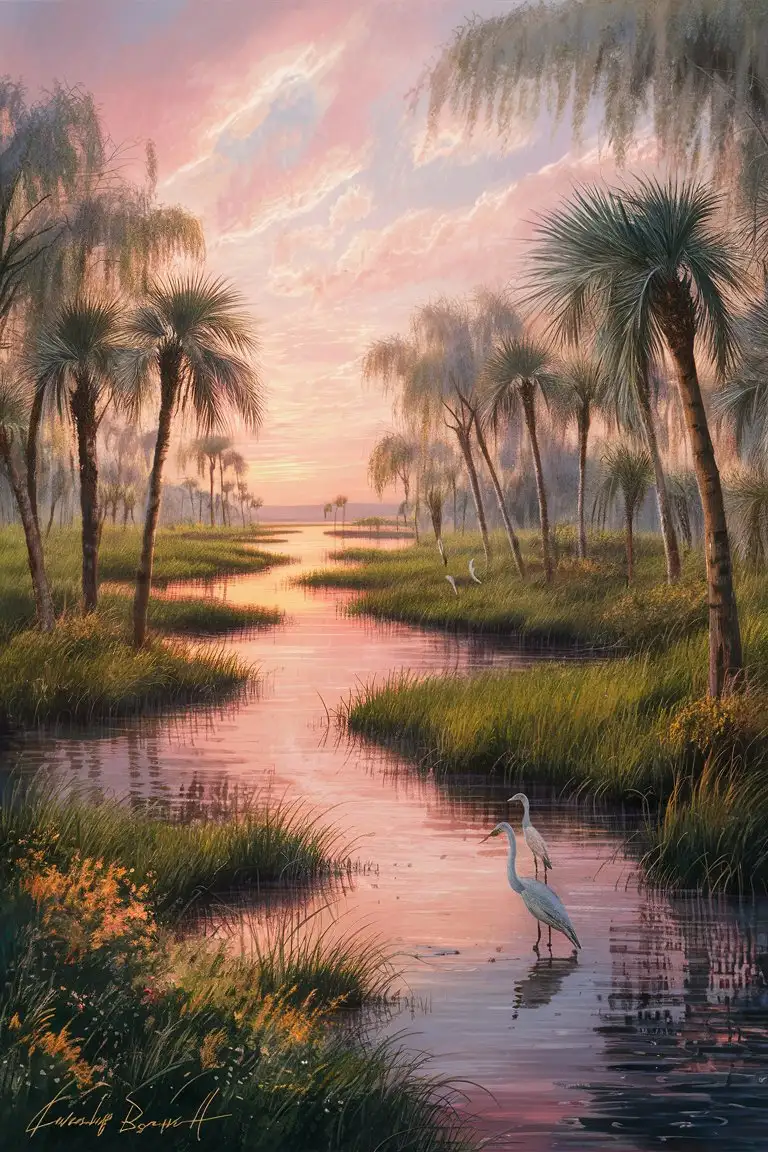 Imagine a serene scene capturing the essence of a Lowcountry marsh in South Carolina, illuminated by the soft, golden light of sunrise. The landscape is a harmonious blend of natural beauty, where the sky, awash with the gentle hues of dawn—pinks, oranges, and light blues—reflects onto the tranquil waters of winding tidal creeks. These meandering waterways cut through the marsh, creating a complex network of channels that are bordered by lush, green grasses and sporadic groups of palmetto trees, their fronds gently swaying in the morning breeze. In the foreground, delicate wildflowers add splashes of color, while a pair of egrets wade gracefully in the shallow waters, searching for their breakfast. The scene is peaceful and untouched, a perfect representation of the Lowcountry's unique and captivating landscape at the start of a new day. The style of the painting should aim to capture the tranquility and natural beauty of this setting, with a focus on the subtle interplay of light and color that defines the sunrise over the marsh.