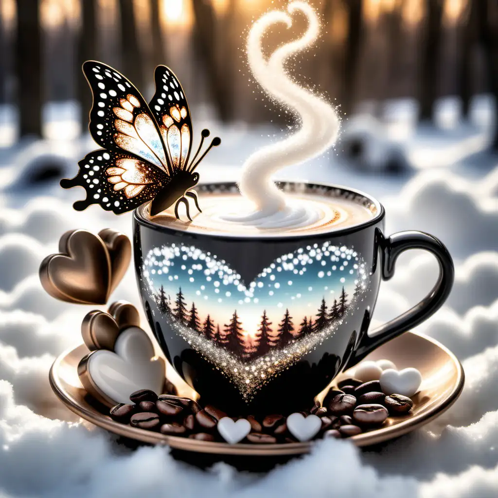 Butterfly coffee cup, coffee beans, froth, steam in the shape of hearts, buffalo check pattern in white and black, glittersplash, glitter dust, sparkle, in a beautiful winter country setting, bronze color, mother of pearl, sun rays, multi colored sky line, snow drop flowers