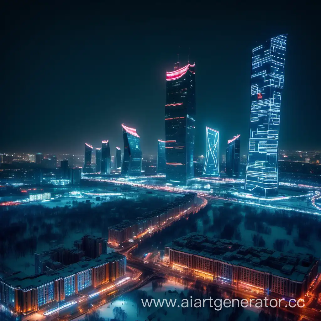 Cybernetic Moscow, view from afar, cyberpunk city, drones flying in the distance, many LEDs, high-rise buildings, glass buildings, neon flags of Russia on buildings, winter, night, depression, futurism, Russia