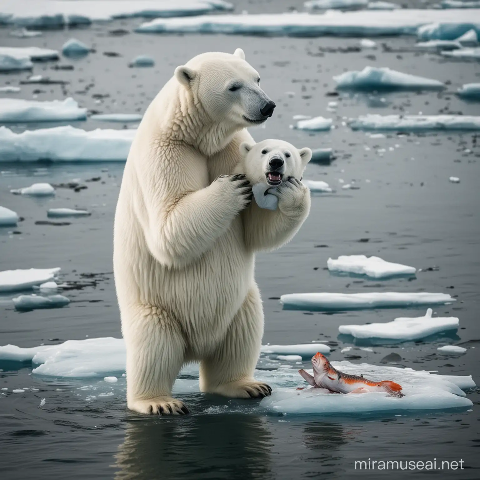 Melancholic Polar Bear Clutching ToxinAffected Fish Amidst Thawing Antarctic Ice