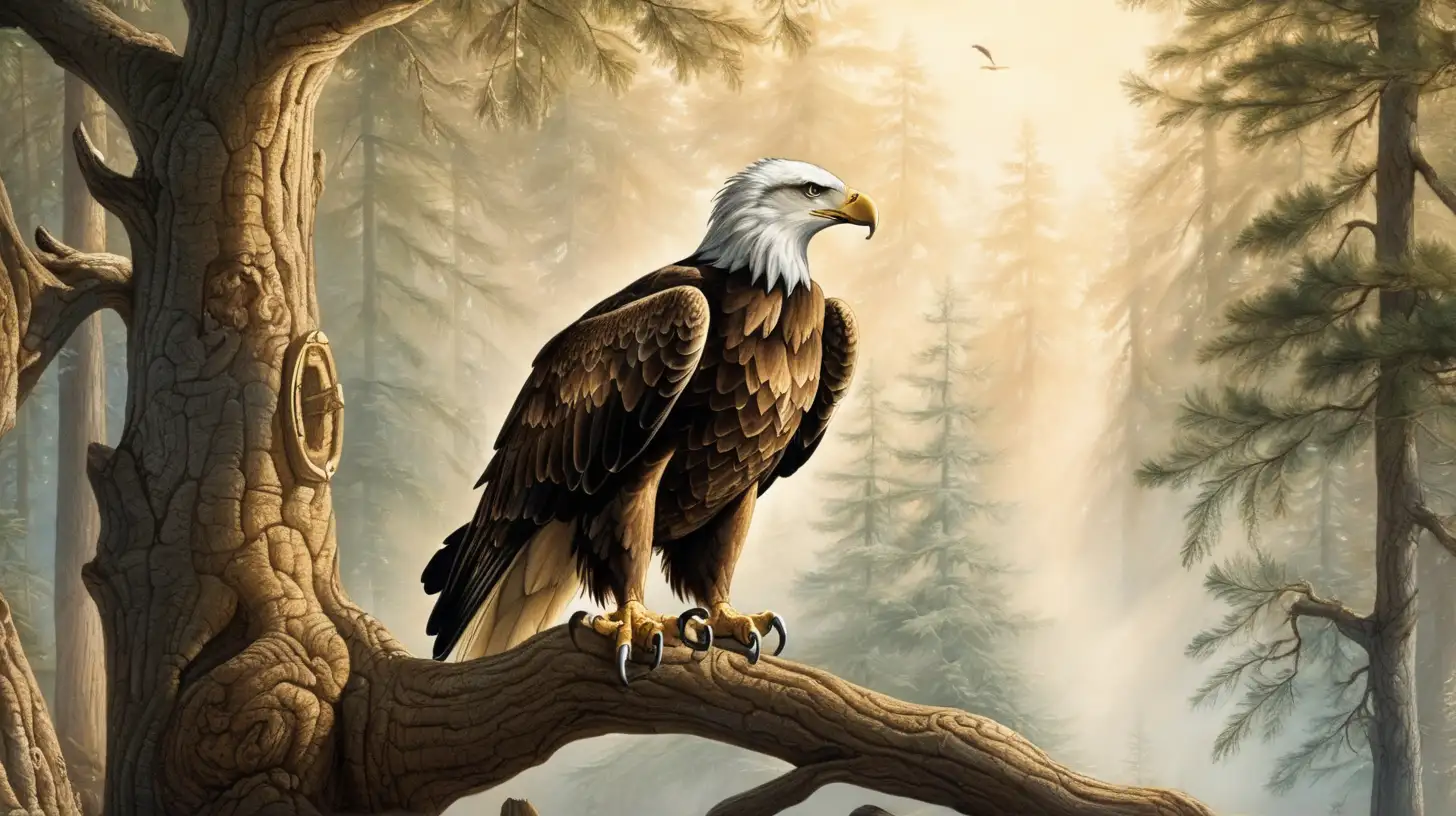 epoque biblique, un aigle posé sur la branche d'un arbre haut dans une foret