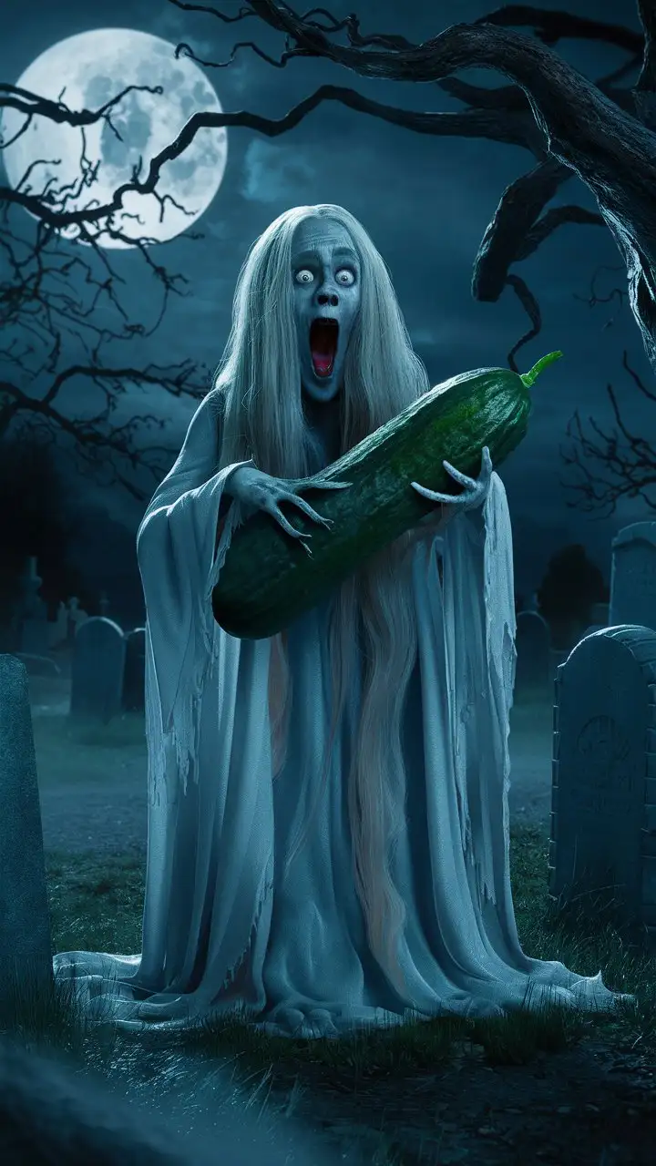 a long-haired female ghost with a pale face and a shock expression, holding a big and large cucumber. Background of a big moon, cemetery area, dark, foggy ultraHD, hyperrealistic, photo, 3d render, cinematic